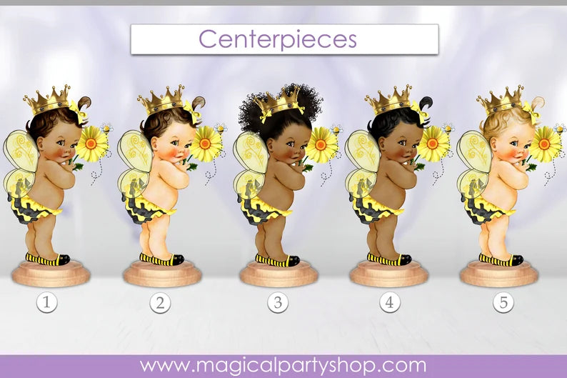 Personalized Baby Shower Centerpiece Bee Yellow and Gold Shoes & Crown | Vintage Baby Girl African American | First Birthday Party