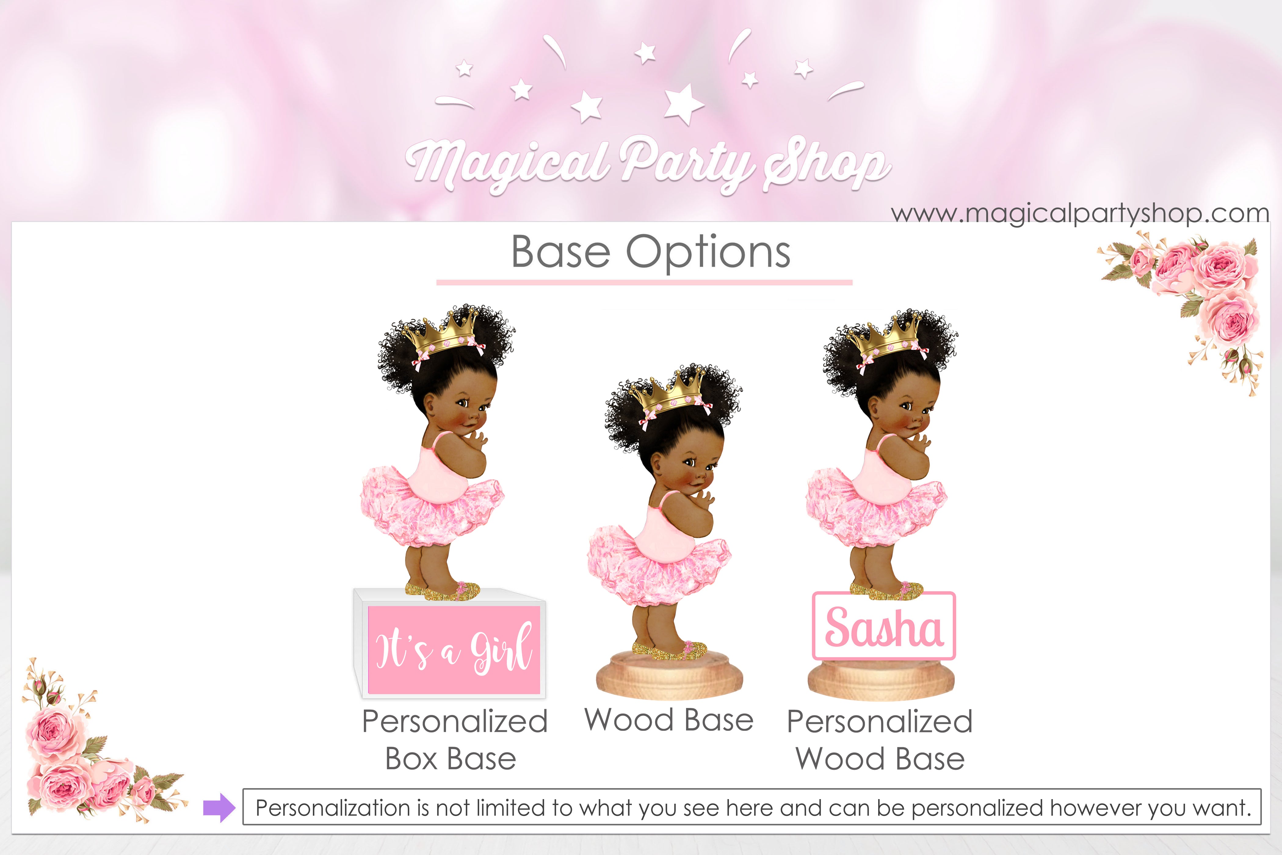 Personalized Baby Shower Centerpiece Butterfly Pink Gold Shoes & Crown Tutu | Vintage Baby Girl African American | First Birthday Party