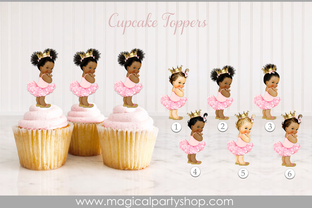 Baby Shower Centerpiece Ballerina Cupcake Toppers | Pink Gold Shoes & Crown Tutu | Vintage Baby Girl African American