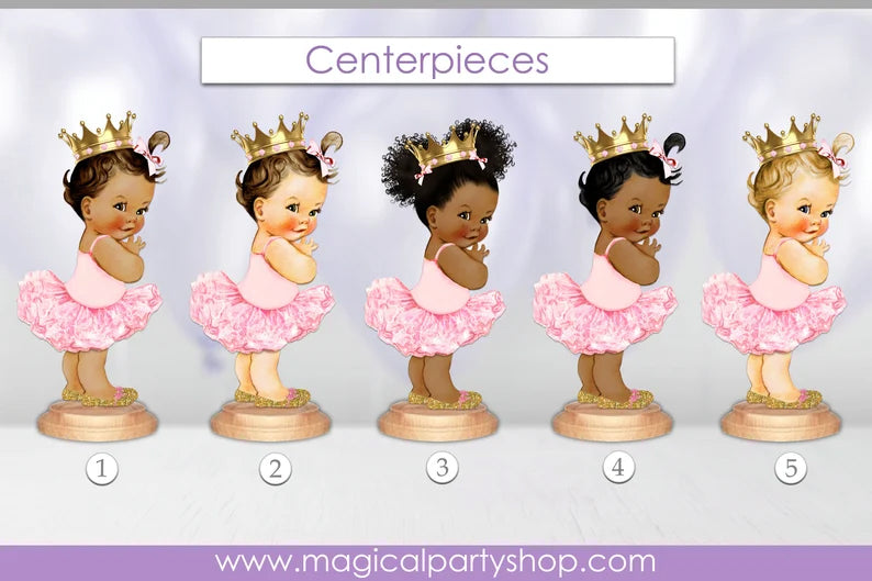 Personalized Baby Shower Centerpiece Ballerina Pink Gold Shoes & Crown Tutu | Vintage Baby Girl African American | First Birthday Party
