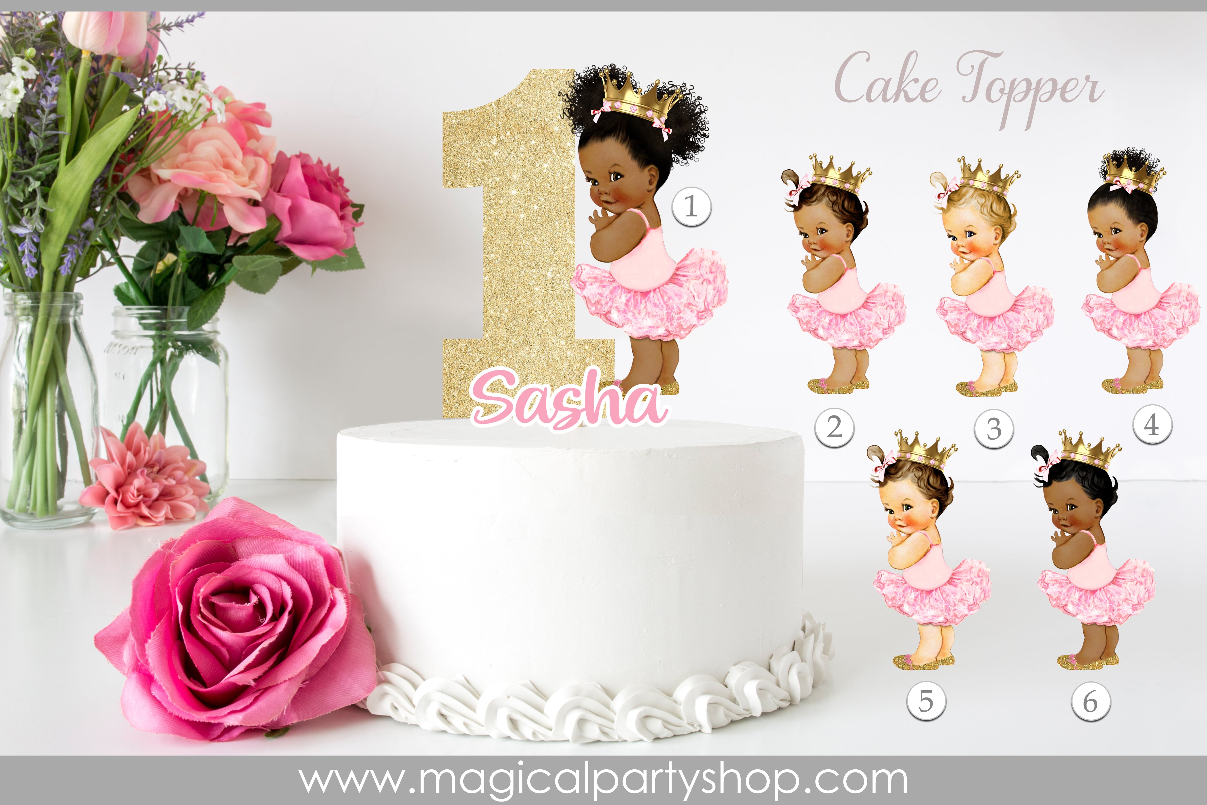 Princess Ballerina Cake Topper Pink Gold Shoes & Crown Tutu | Vintage Baby Girl African American | Baby Shower