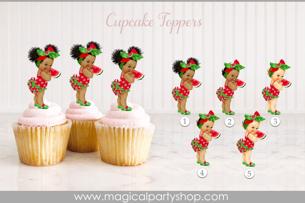 Baby Shower Centerpiece Watermelon Cupcake Toppers | Watermelon Bow | Vintage Baby Girl African American