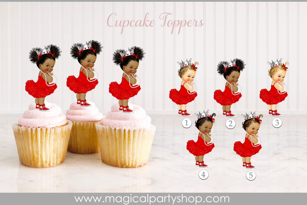 Baby Shower Centerpiece Red Ruffles, Pearls and Silver Crown Cupcake Toppers | Vintage Baby Girl African American