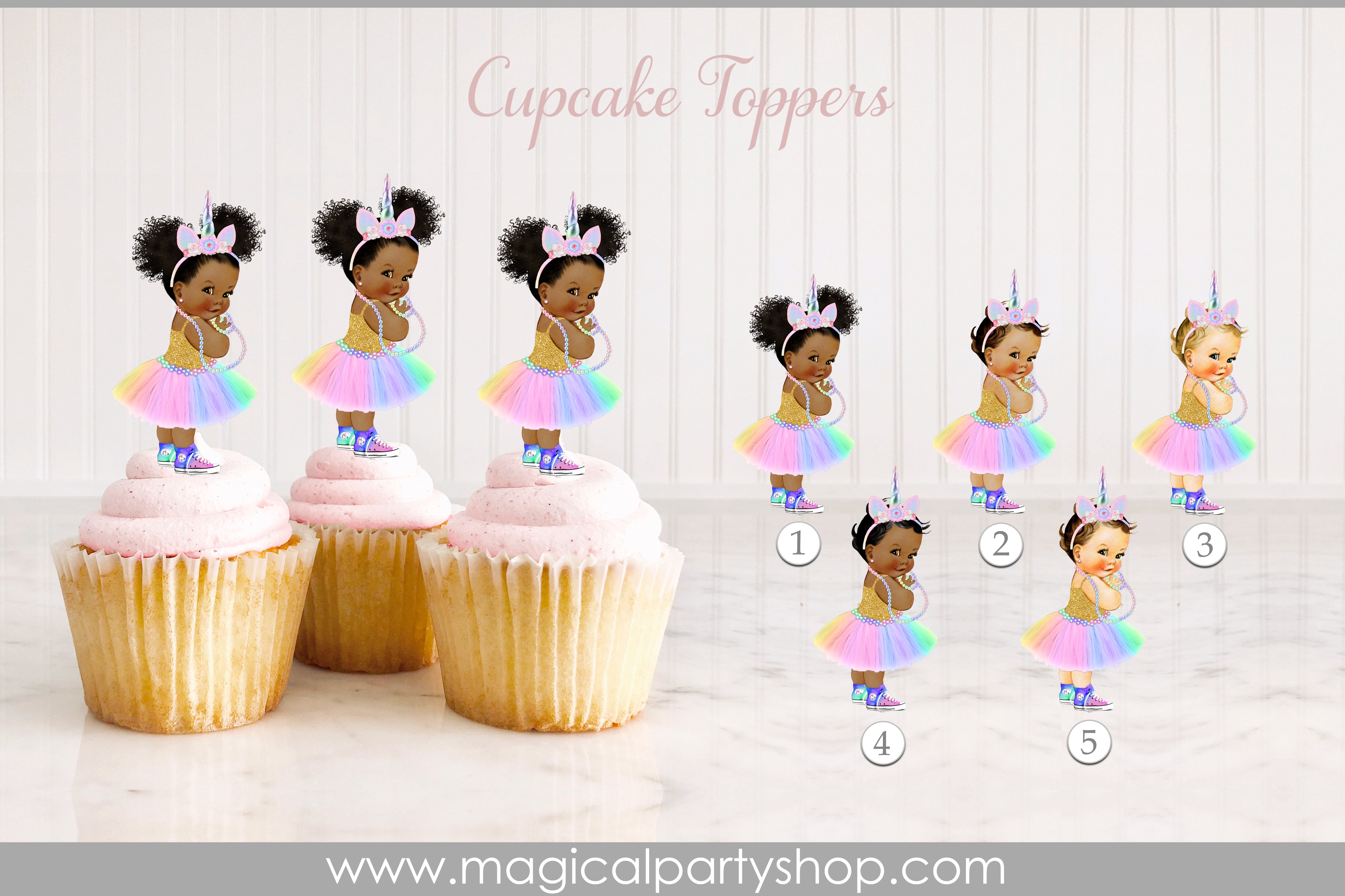 Baby Shower Centerpiece Rainbow Unicorn Ballerina Cupcake Toppers | Rainbow Tutu and Pearls | Vintage Baby Girl African American