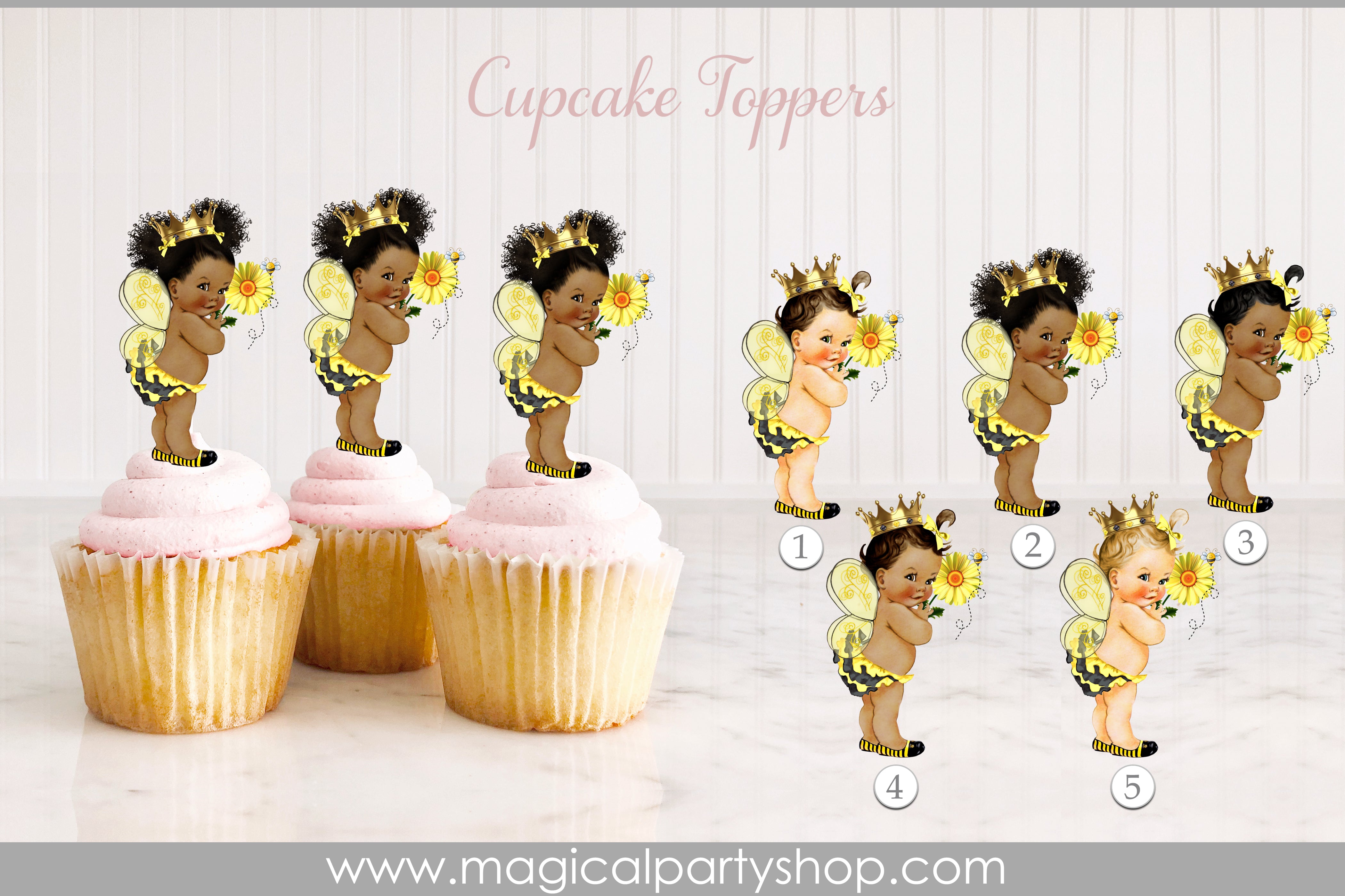 Baby Shower Cupcake Toppers Queen Bee Princess Ruffle Pants Yellow Black Bee Wings Gold Crown | Vintage Baby Girl African American