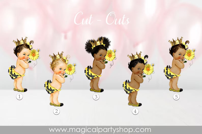 Baby Shower Centerpiece Sunflower Princess Ruffle Pants Yellow Black Bee Wings Gold Crown | Vintage Baby Girl African American