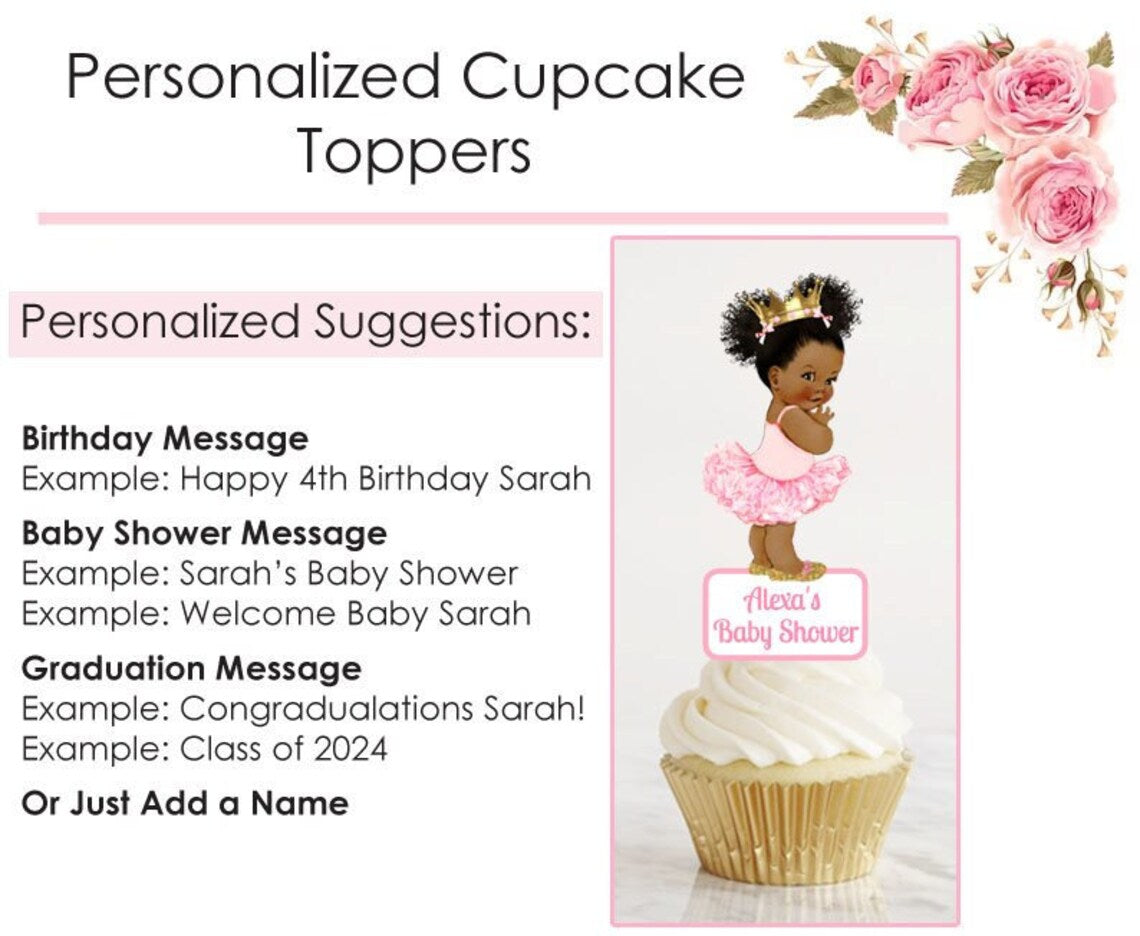 Baby Shower Centerpiece Ballerina Cupcake Toppers | Pink Gold Shoes & Crown Tutu | Vintage Baby Girl African American