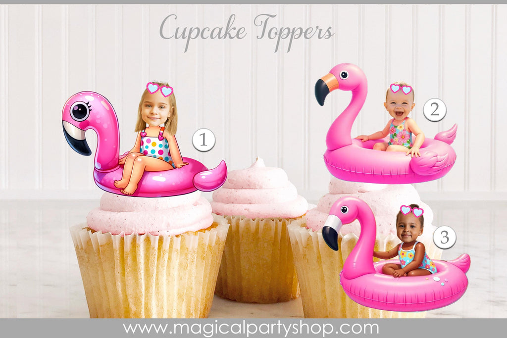 Flamingo Girl Pool Personalized Face Cupcake Toppers | Summer Pool Party Birthday Decor | Face Photo Cupcake Topper | Cupcake Toppers |