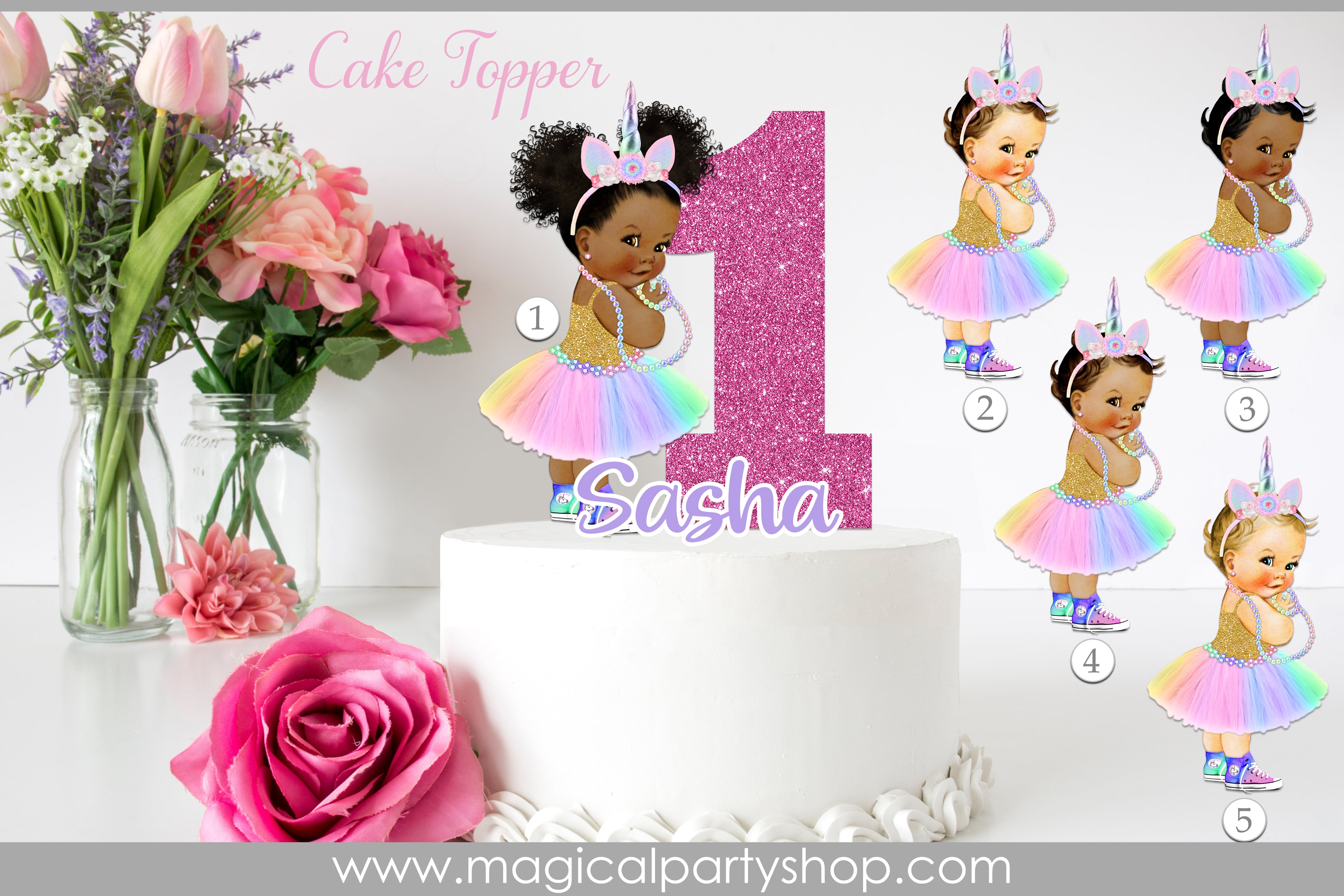 Afro Unicorn Pastel Stars, Diamonds and Glitter Edible Cake Topper Image  ABPID56427