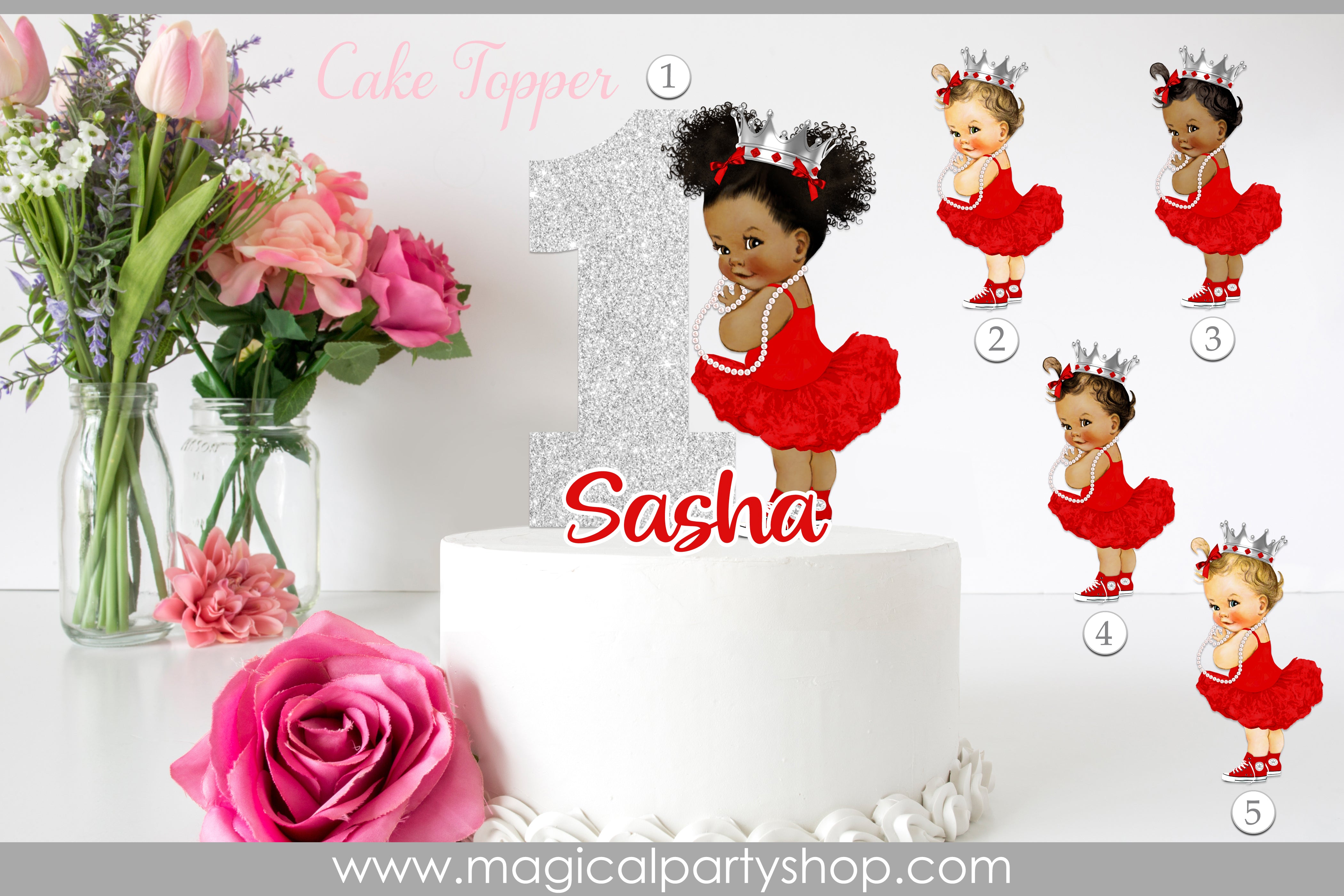 Red Ruffles and Silver Crown Cake Topper | Red and Silver Birthday Party | Vintage Baby Girl African American