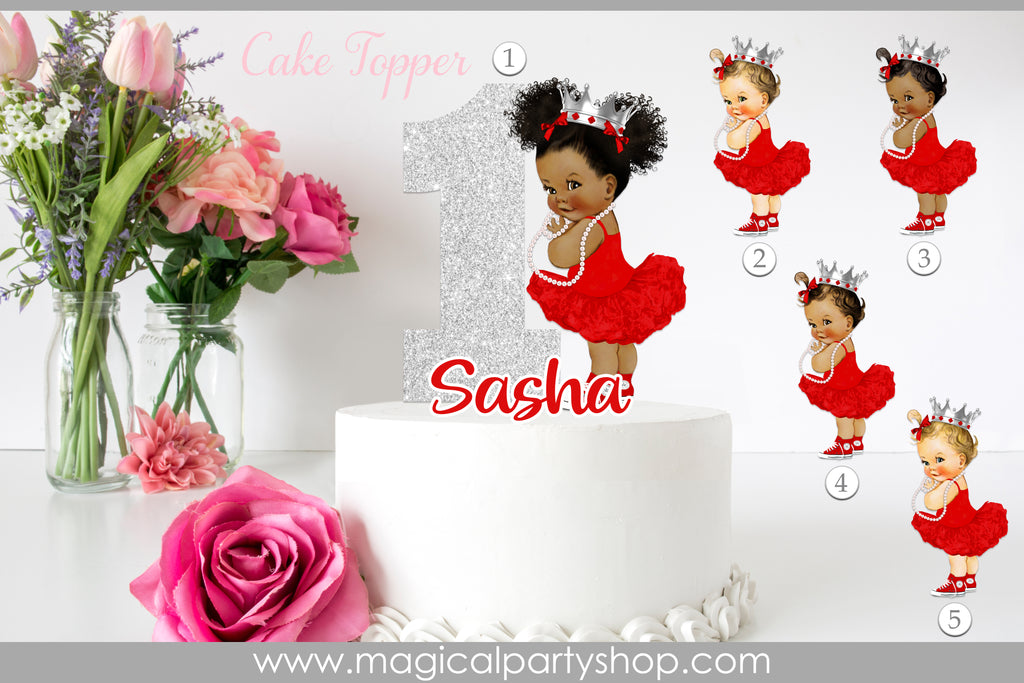 Red Ruffles and Silver Crown Cake Topper | Red and Silver Birthday Party | Vintage Baby Girl African American