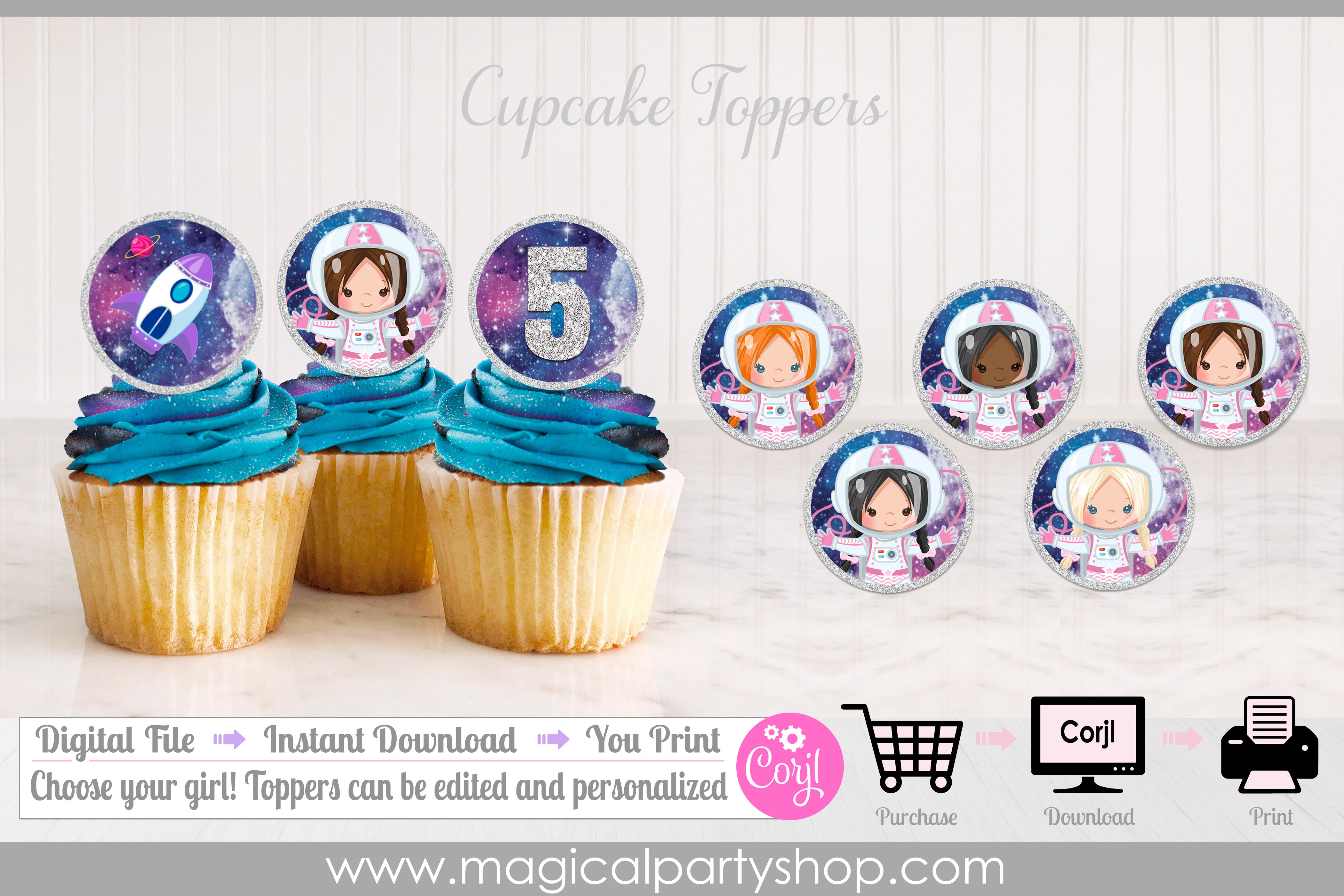 Space Cupcake Toppers | Galaxy Cupcake Toppers | Space Birthday Cupcakes | Space Girl | Girl Astronaut | Instant Download Editable