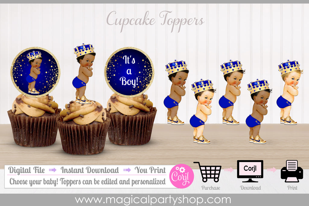 Vintage Baby | Royal Blue Prince African American | Royal Blue Baby Shower Cupcake Toppers | Birthday Cupcake Toppers