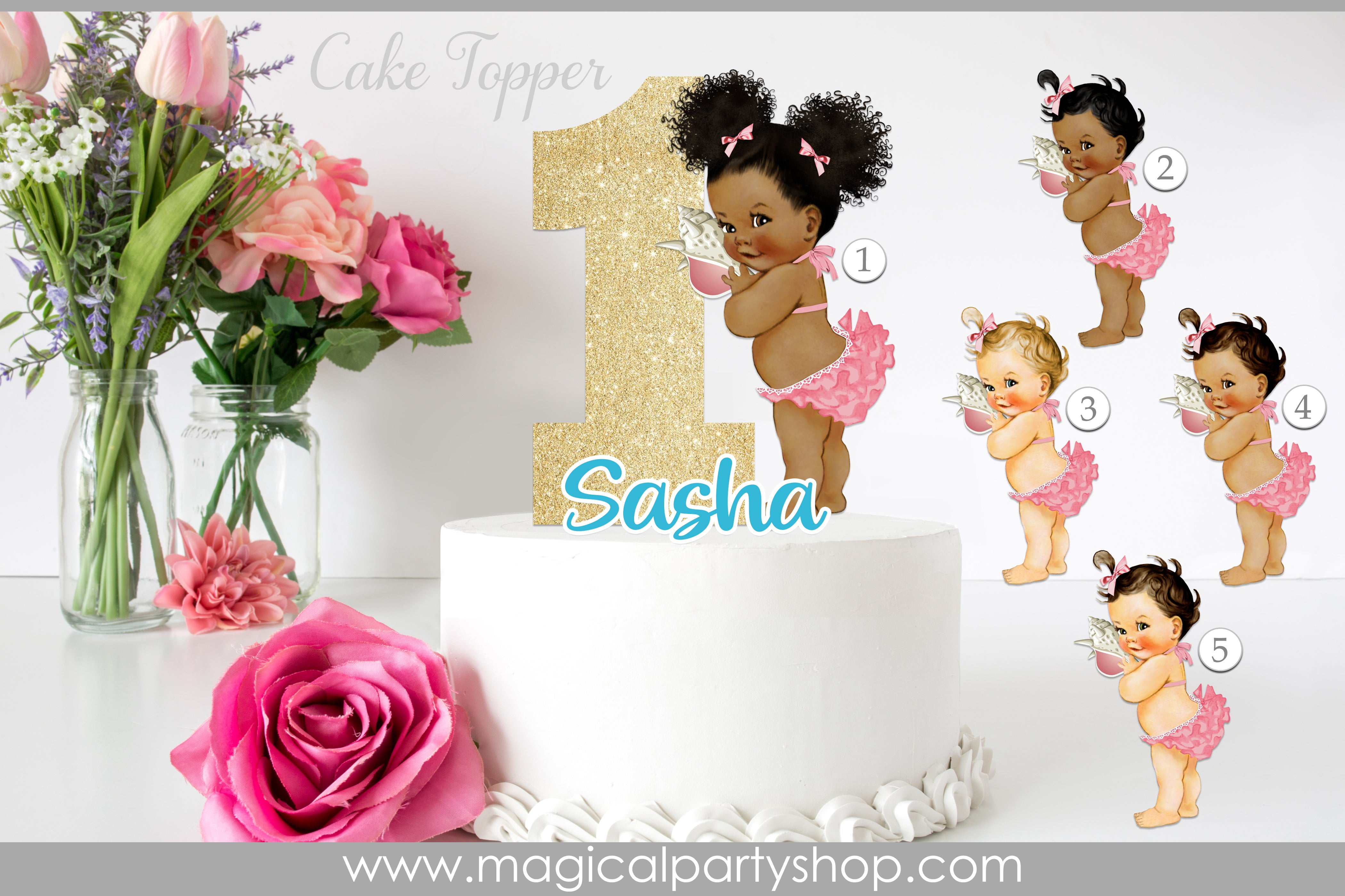 Vintage Baby Girl Seashell Cake Topper, Pink and Gold