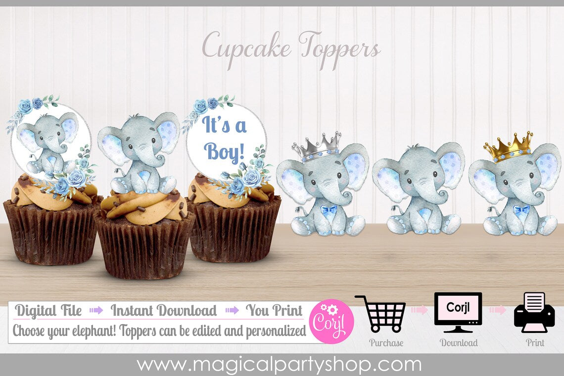 Elephant Baby Shower | Elephant Party Decor | Elephant Cupcake Toppers | Boy Baby Shower | Silver Crown | Gold Crown | Its a Boy