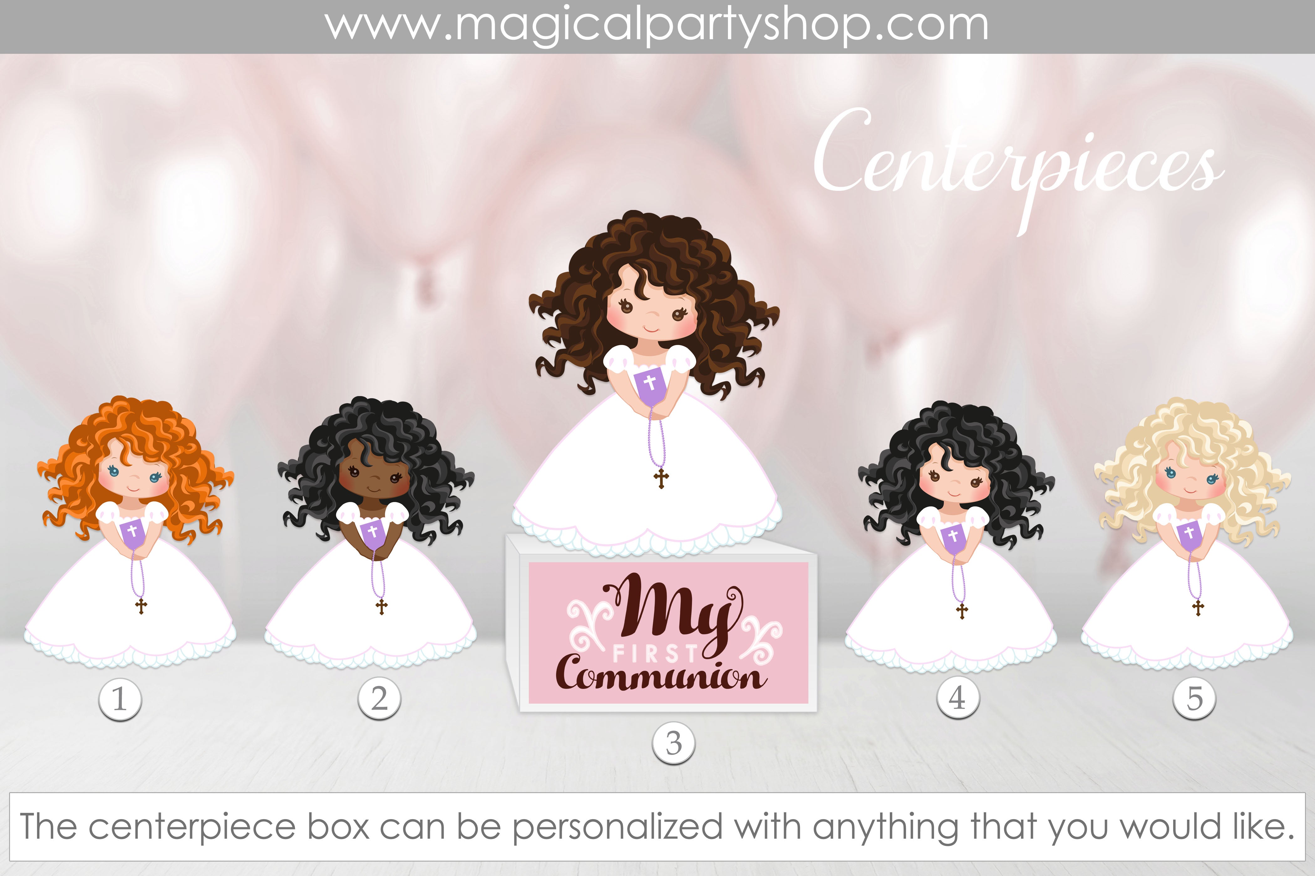 First Communion Girls | Communion Centerpieces | Bible, Rosary, Veil. First Communion Party | Curly Hair