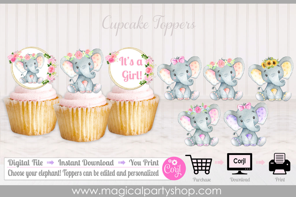Elephant Baby Shower | Elephant Party Decor | Elephant Cupcake Toppers | Girl Baby Shower | Pink Elephants | Sunflowers | Its a Girl