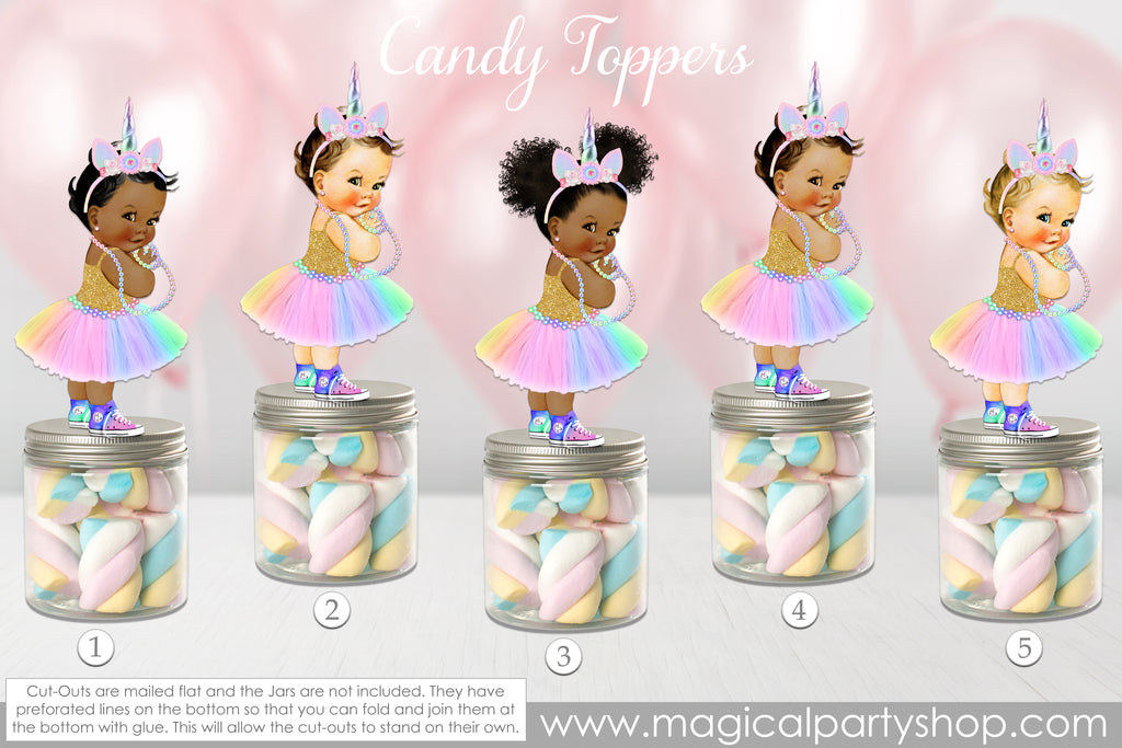 Baby Shower Party Favors | Unicorn Princess Pastel Rainbow Colors Tutu Sneakers Unicorn Horn | Vintage Baby Girl African American