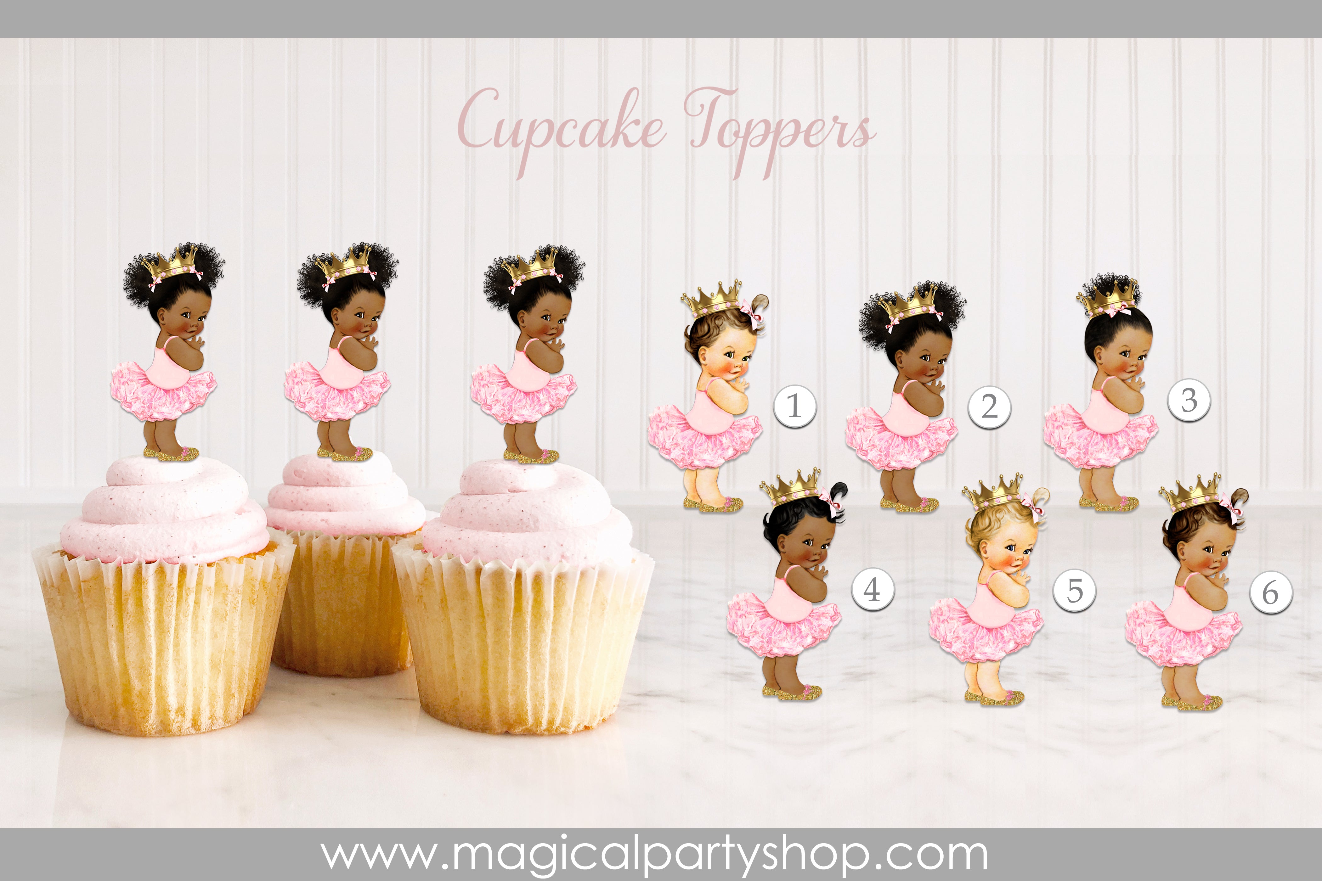Princess Ballerina Pink Tutu Gold Crown Baby Girl Cupcake Toppers