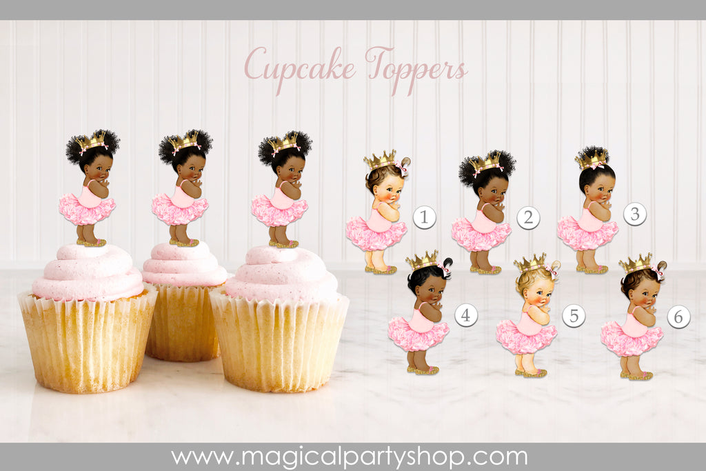 Princess Ballerina Pink Tutu Gold Crown Baby Girl Cupcake Toppers