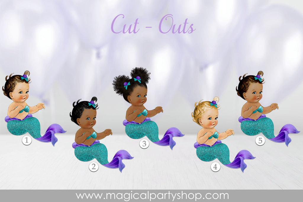 Baby Shower Centerpiece Mermaid Princess With Shell | Vintage Baby Girl African American | Turquoise and Purple