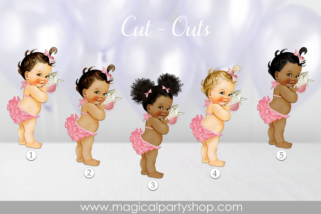 Baby Shower Centerpiece | Vintage Baby Girl Seashell Cupcake Toppers | Pink and Gold | Vintage Baby Girl African American | Baby Shower
