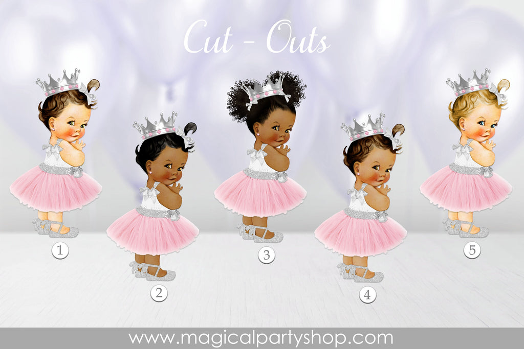 Baby Shower Centerpiece Princess Ballerina Pink and Silver Crown | Vintage Baby Girl African American | Silver Shoes | Silver and Pink