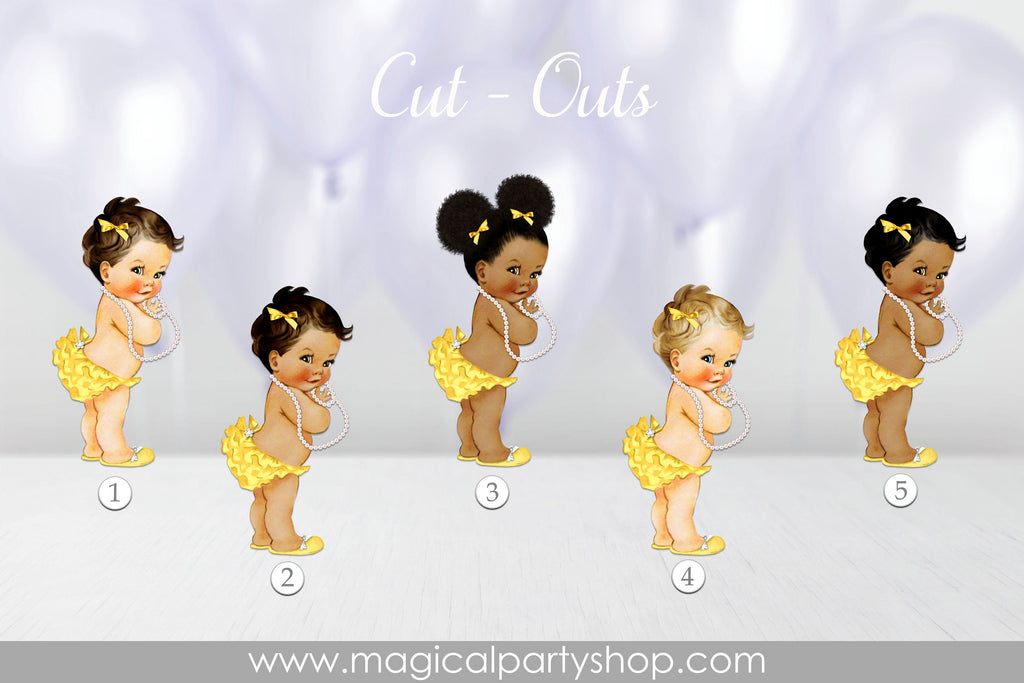 Baby Shower Centerpiece Princess Ballerina Yellow Ruffles and Yellow Bows with Pearls | Vintage Baby Girl African American