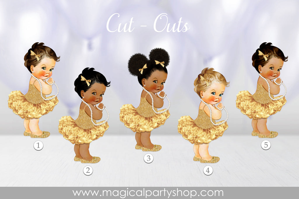 Baby Shower Centerpiece Princess Ballerina Gold and Pearls Tutu | Vintage Baby Girl African American | Gold Shoes