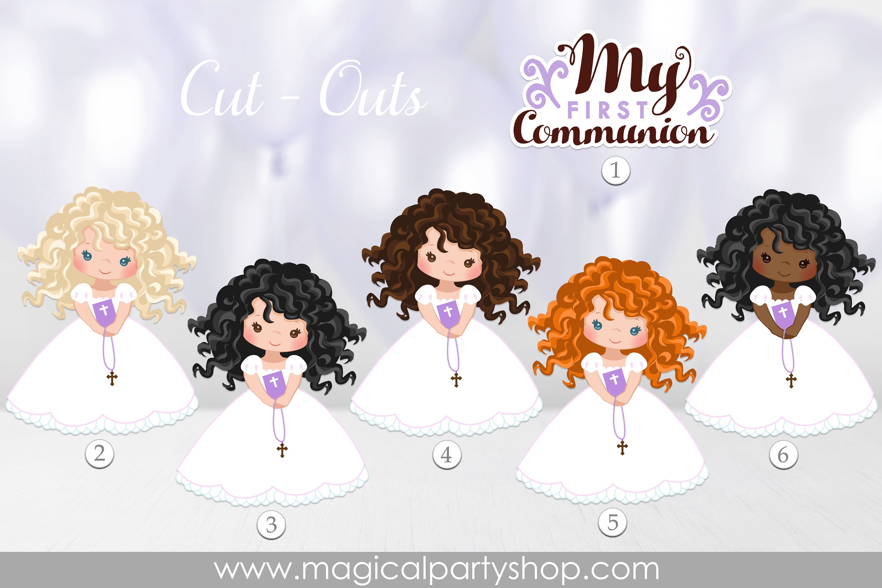 First Communion Girls | Communion Centerpieces |  Bible, Rosary, Veil | My First Communion Party | White Dress, Purple, Curly Hair