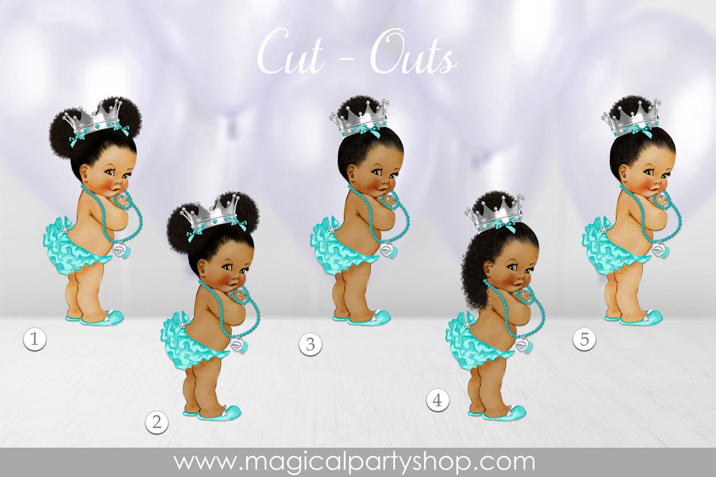 Baby Shower Centerpiece Princess Ruffle Pants Turquoise Teal Blue Silver Crown Pearls  | Vintage Baby Girl African American