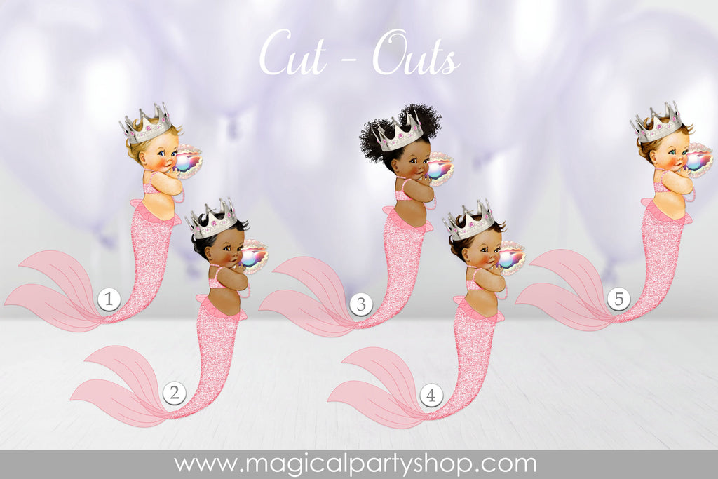 Baby Shower Centerpiece Mermaid Princess With Shell | Vintage Baby Girl African American | Pink and Silver