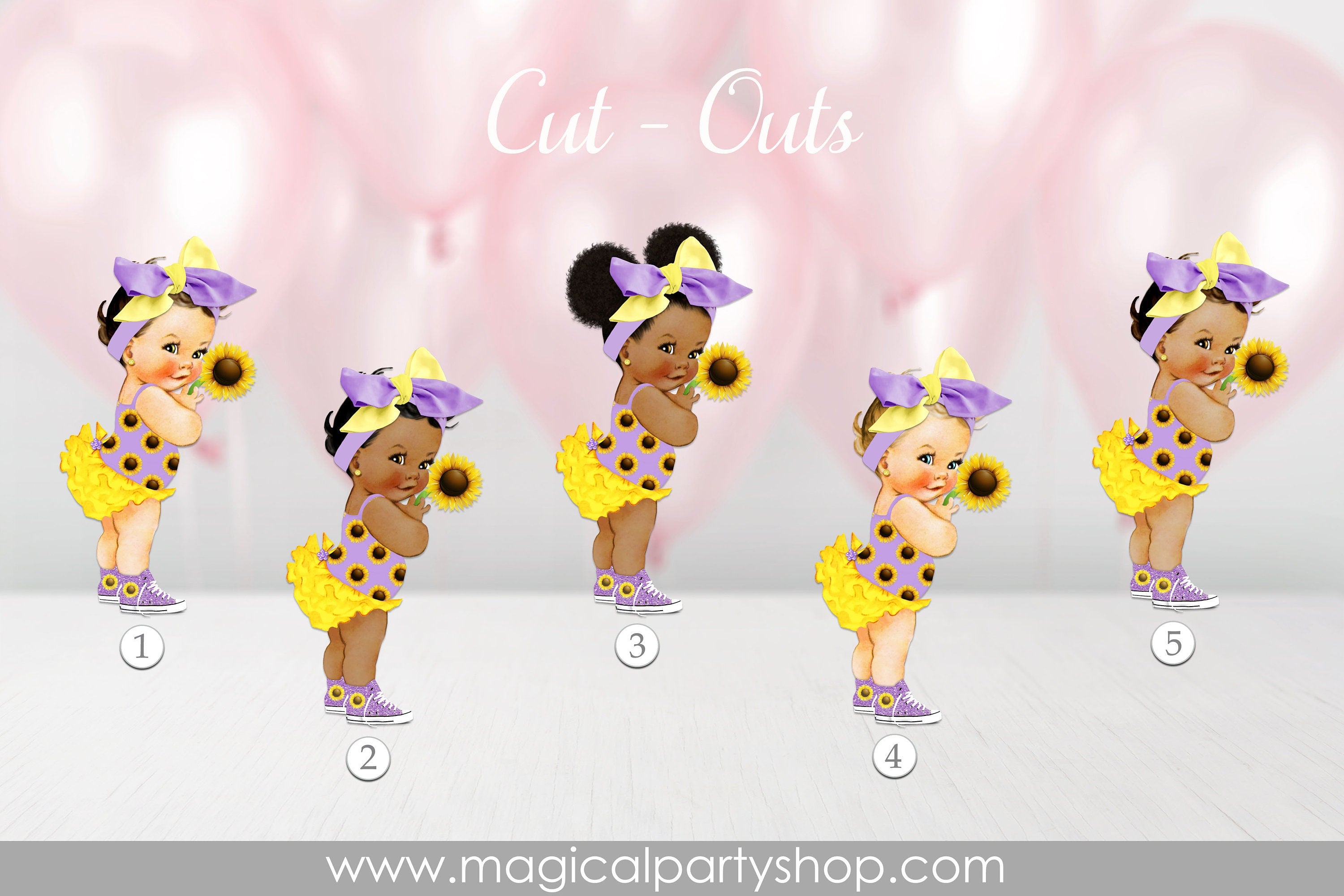 Baby Shower Centerpiece Sunflower Princess Ruffle Pants Yellow Purple Sunflower | Vintage Baby Girl African American | Standing