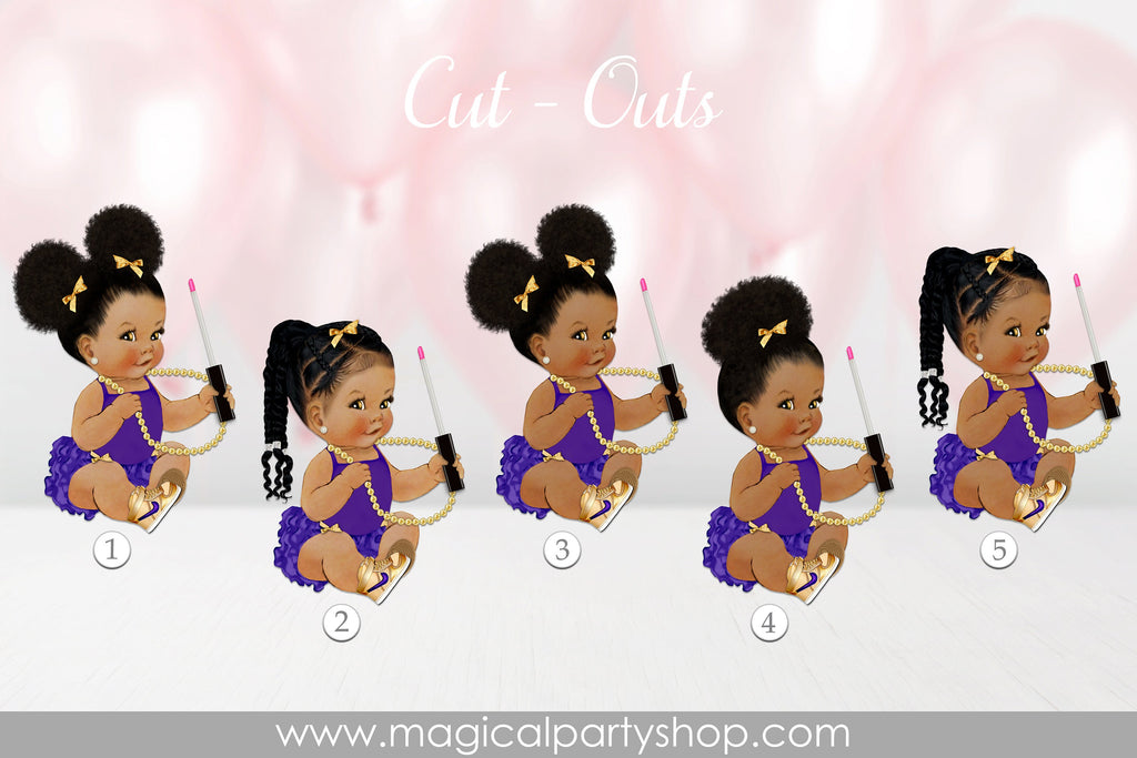 Baby Shower Centerpiece Princess Purple Ruffles Gold Bows | Vintage Baby Girl African American | Gold Sneakers | Makeup | Lipgloss