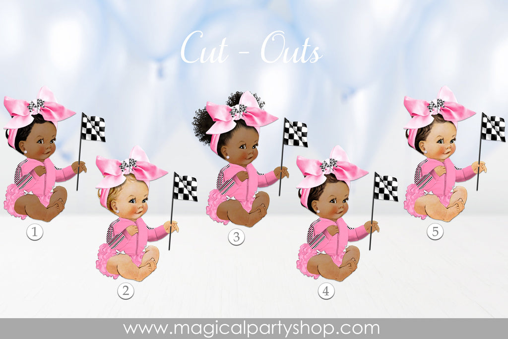 Baby Shower Centerpiece Princess Racing Pink Jacket Big Head Bow Checker Flag | Vintage Baby Girl African American | Silver and Pink