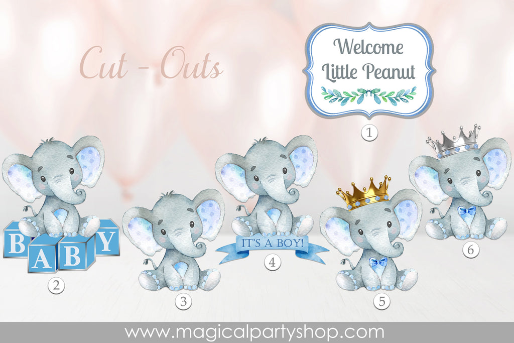 Elephant Baby Shower Centerpiece | Elephant Party Decor | Elephant Cupcake Toppers | Boy Baby Shower | Silver Crown | Gold Crown | Its a Boy