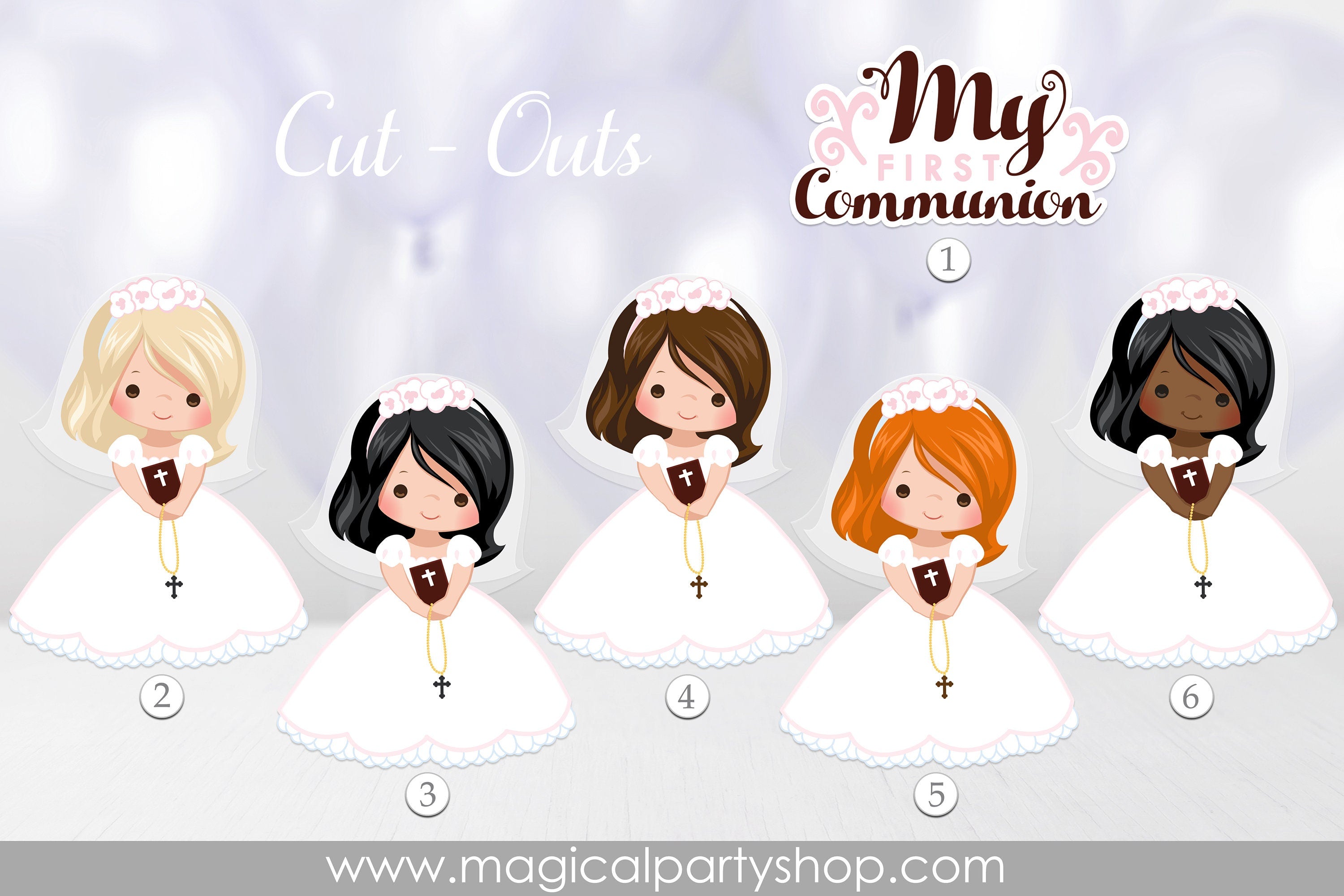 First Communion Girls | Communion Centerpieces |  Bible, Rosary, Veil | My First Communion Party | White Dress, Pink  Flowers, Shor Hair