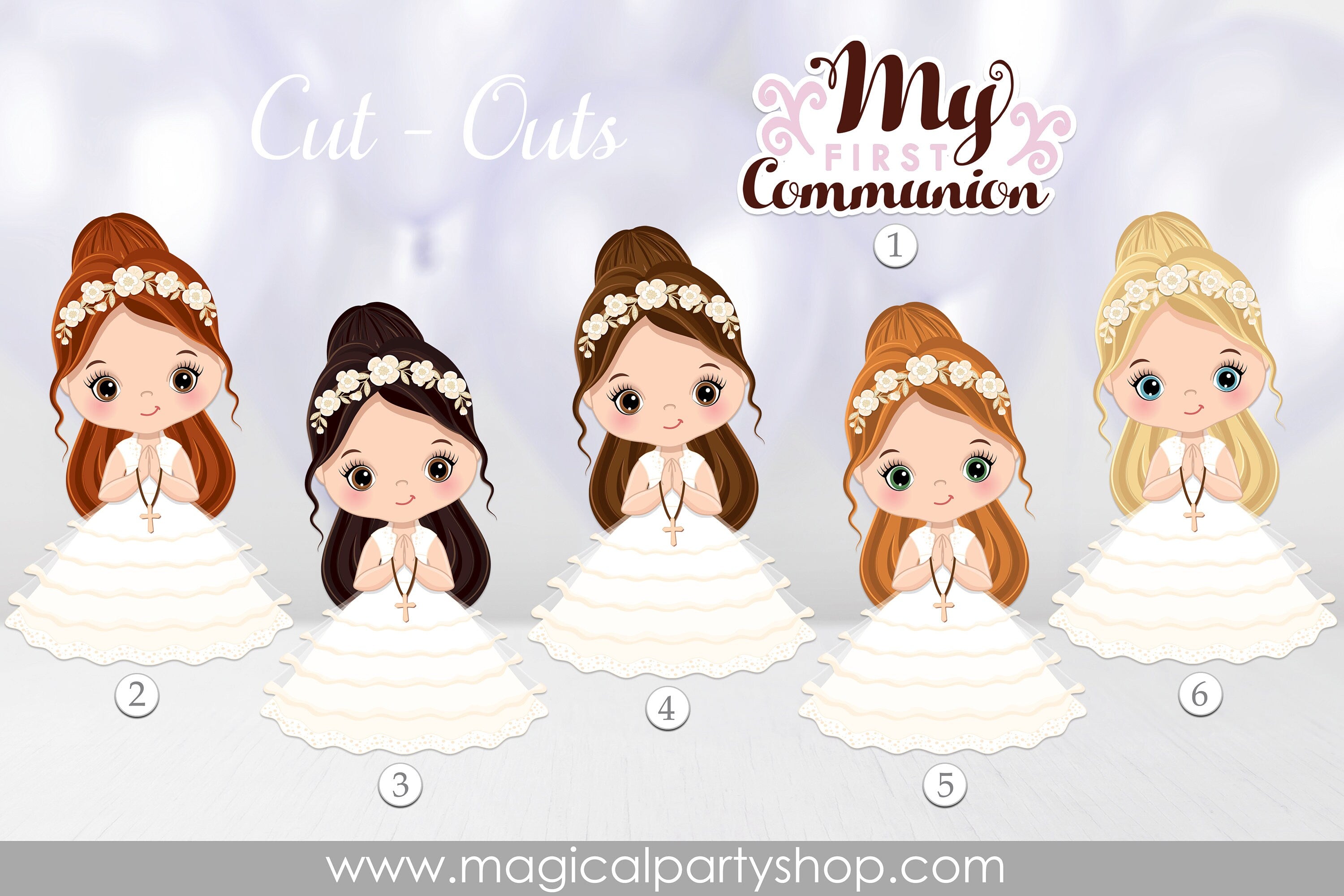 First Communion Girls | Communion Centerpieces |  Bible, Rosary, Veil | My First Communion Party | White Dress, Flowers and Cross