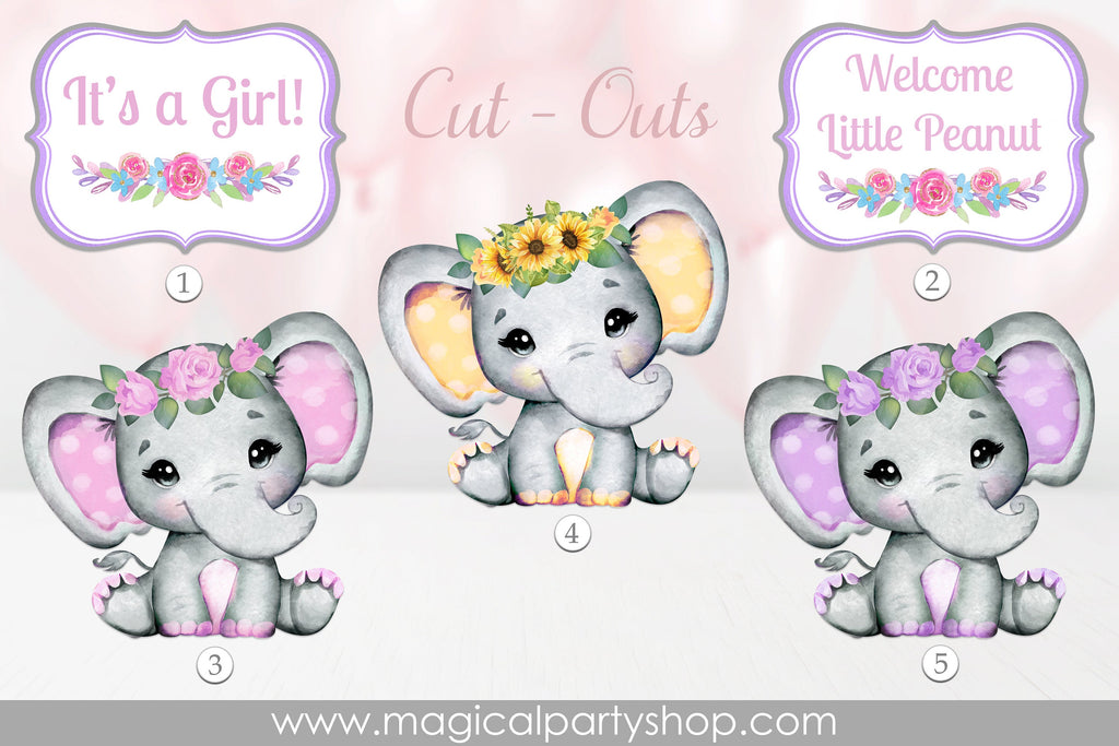 Elephant Baby Shower Centerpiece | Elephant Party Decor | Elephant Cupcake Toppers | Girl Baby Shower | Purple, Pink, Sunflowers