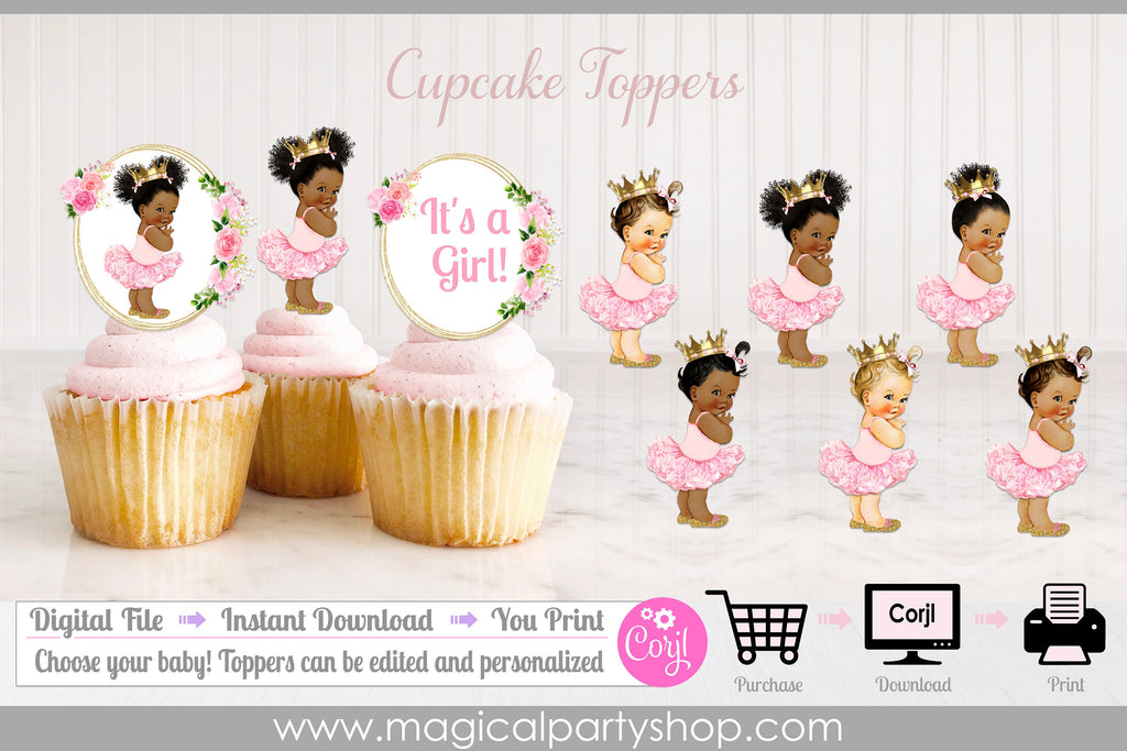 Vintage Baby Girl | Pink and Gold Princess African American | Pink and Gold Baby Shower Cupcake Toppers | Birthday Cupcake Toppers