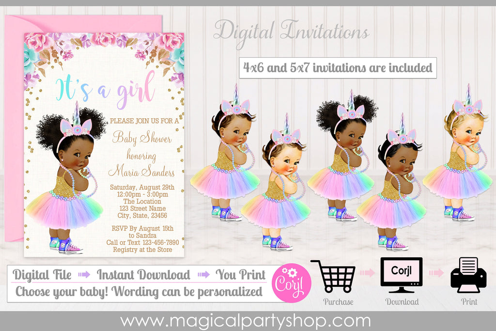 Unicorn Princess Rainbow Baby Shower Invitation | Baby Girl | African American | First Birthday | Digital Invitation | Editable