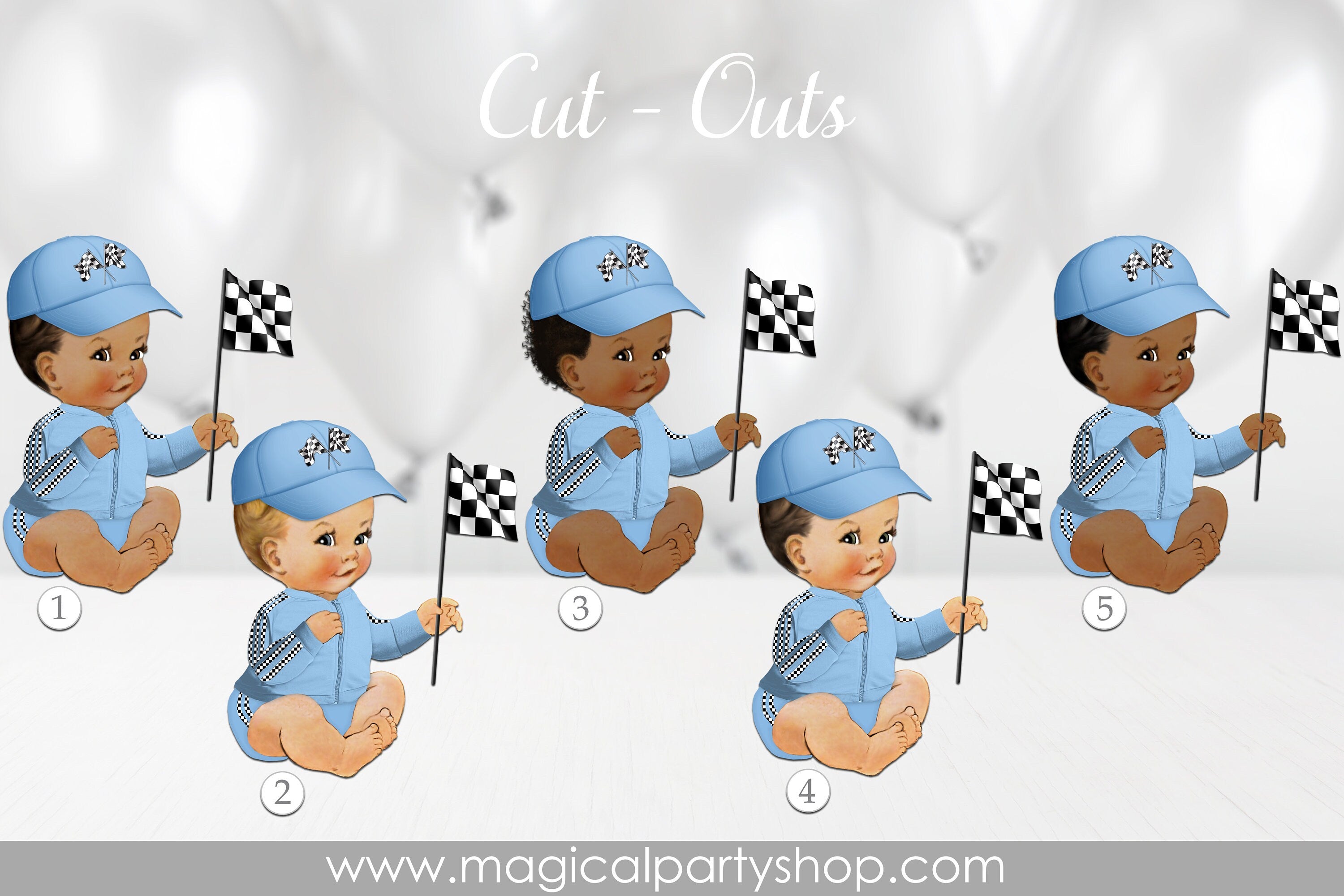 Little Prince Racecar Driver Royal Blue Jacket Hat Check Flag Racing | African American | Royal Blue Baby Shower Cupcake Toppers | Its a Boy