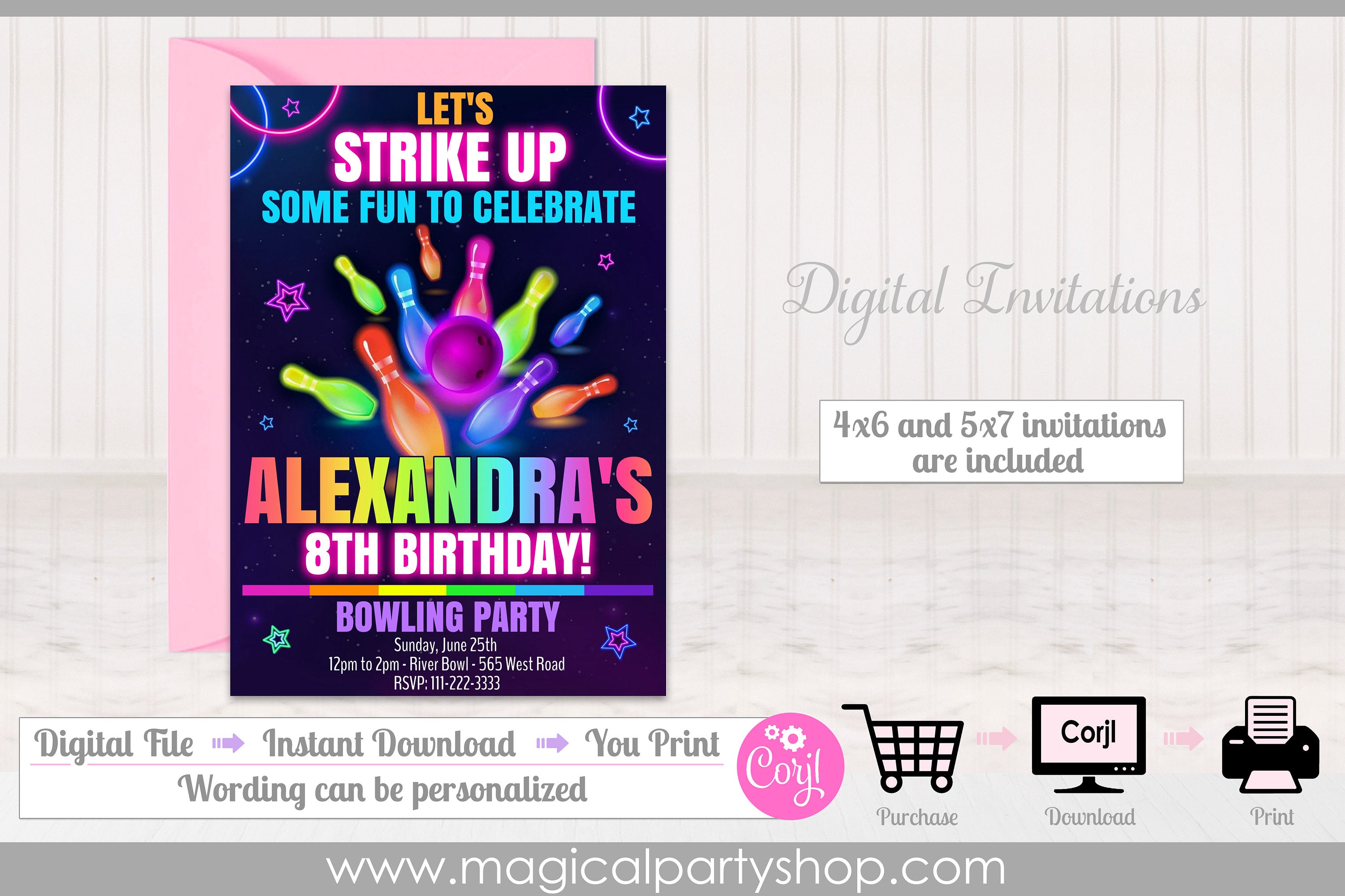 Bowling Birthday Invitation | Bowling Digital Invitation |  Glow Bowling Birthday Party | Neon Glow Girls Birthday Invitation