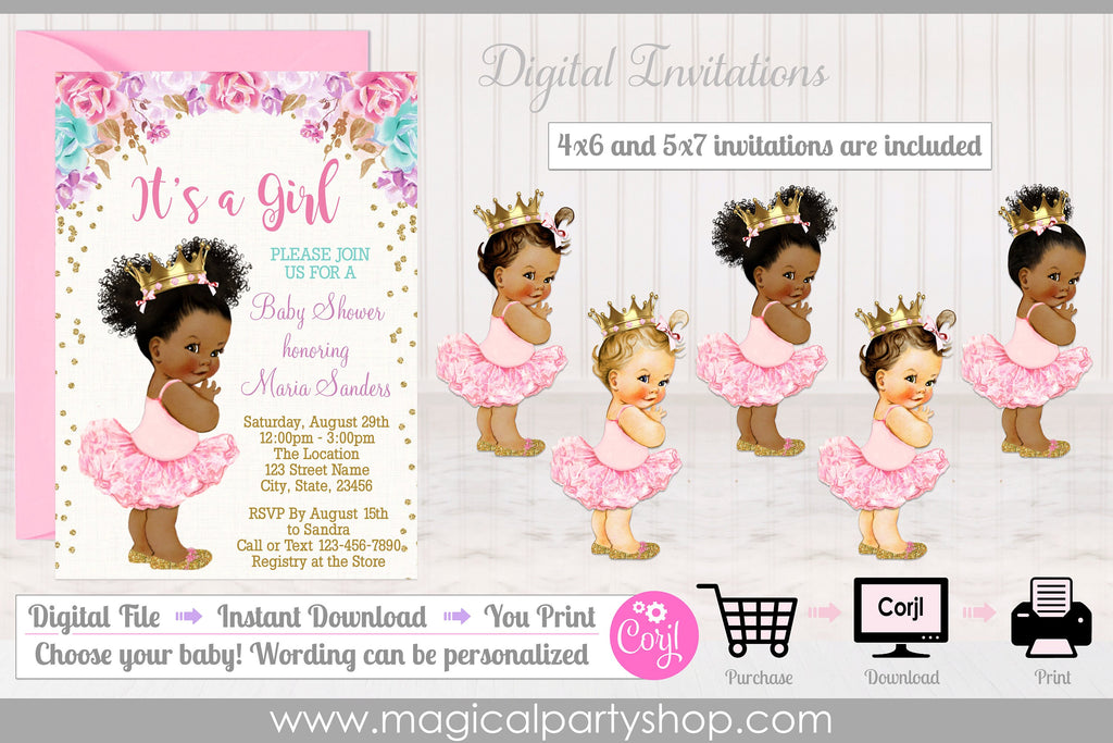 Baby Shower Princess Ballerina Pink Gold Baby Shower Invitation | Baby Girl | African American | First Birthday | Digital Invitation