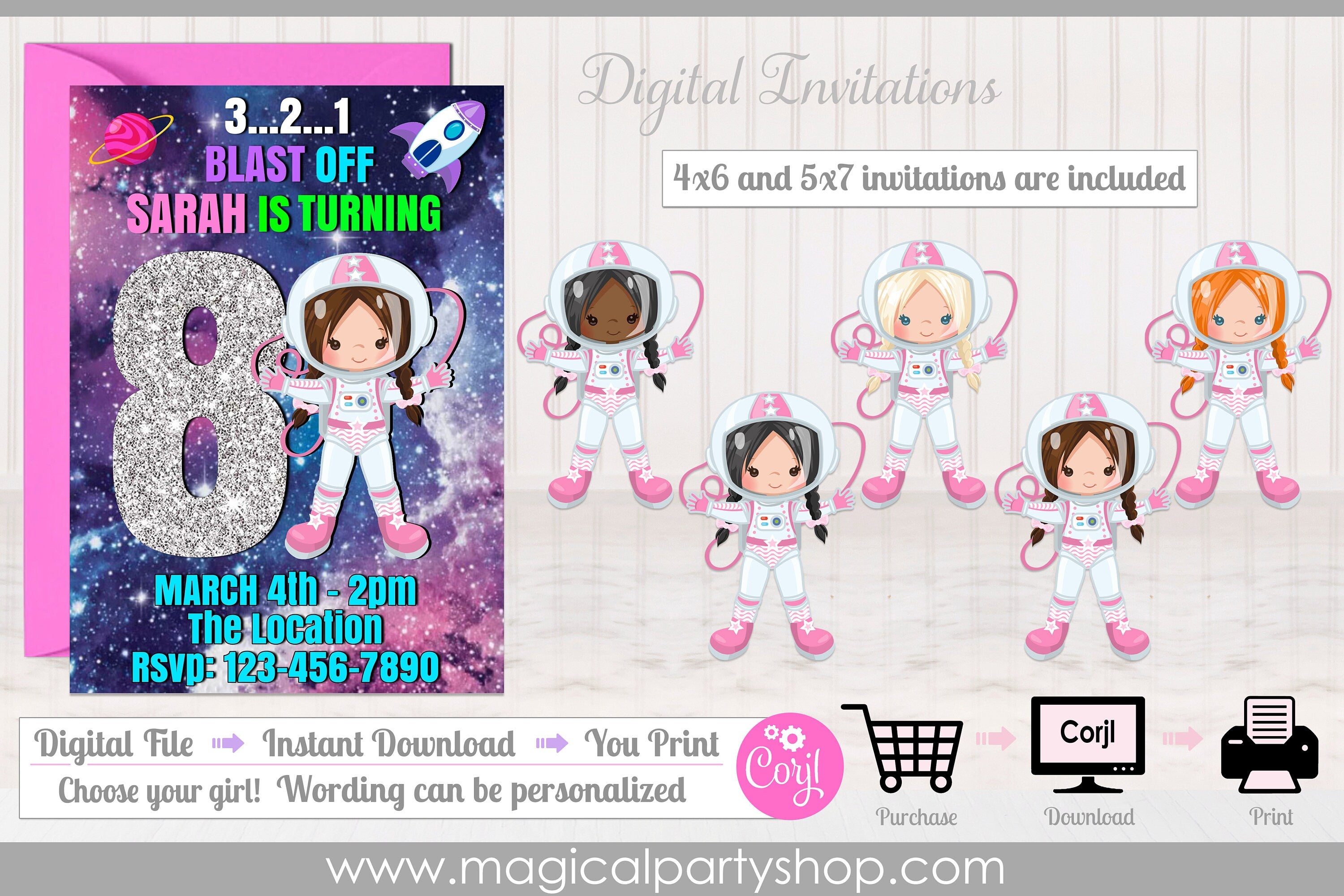 Space Invitation| Galaxy Invitation | Space Birthday Invitation | Space Girl Invitation | Girl Astronaut | Instant Download Editable