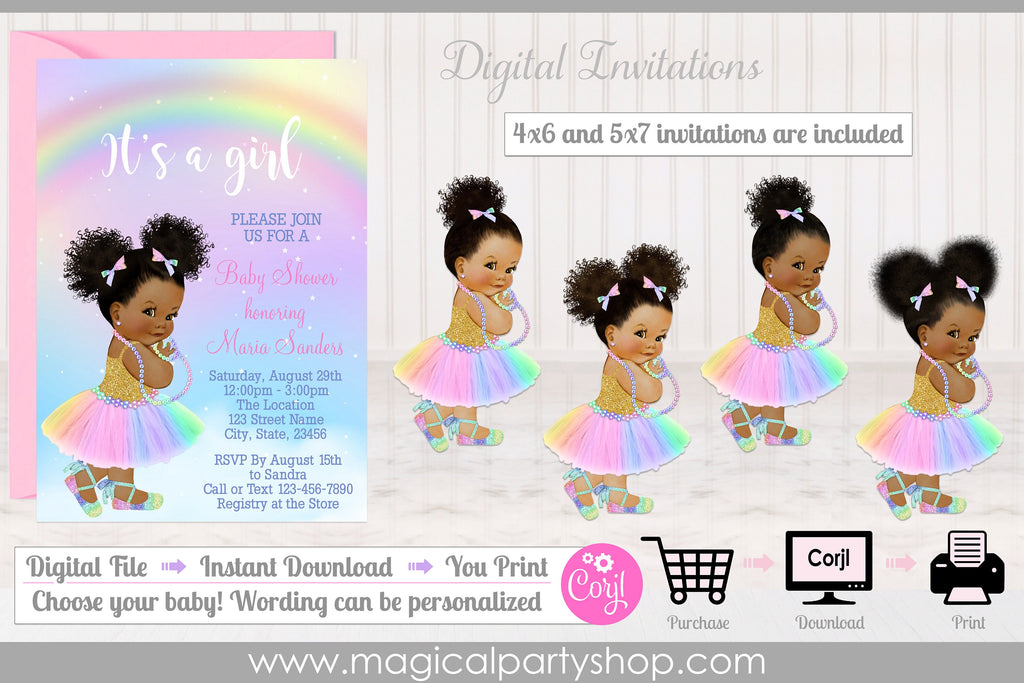 Rainbow Princess Rainbow Baby Shower Invitation | Baby Girl | African American | First Birthday | Digital Invitation | Editable