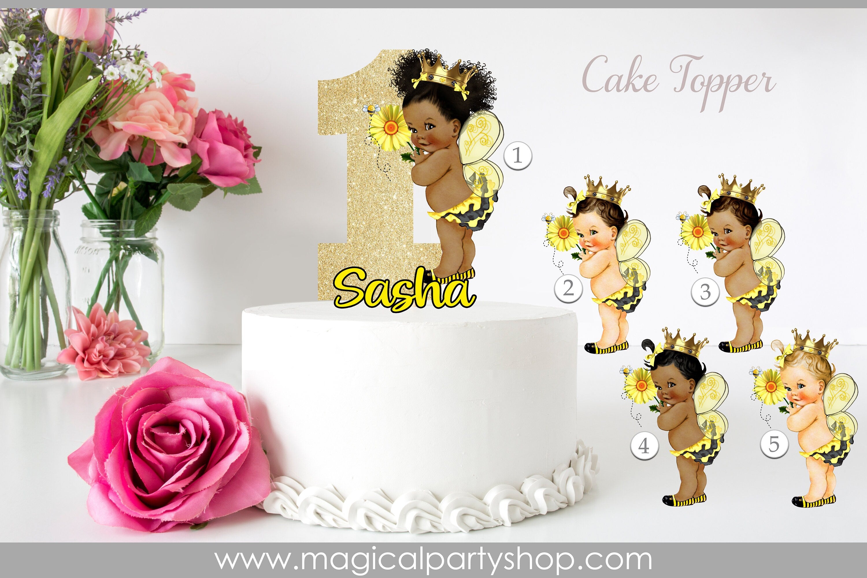 Baby Shower Centerpiece Queen Bee Cake Topper Princess Ruffle Pants Yellow Black Bee Wings Gold Crown | Vintage Baby Girl African American C