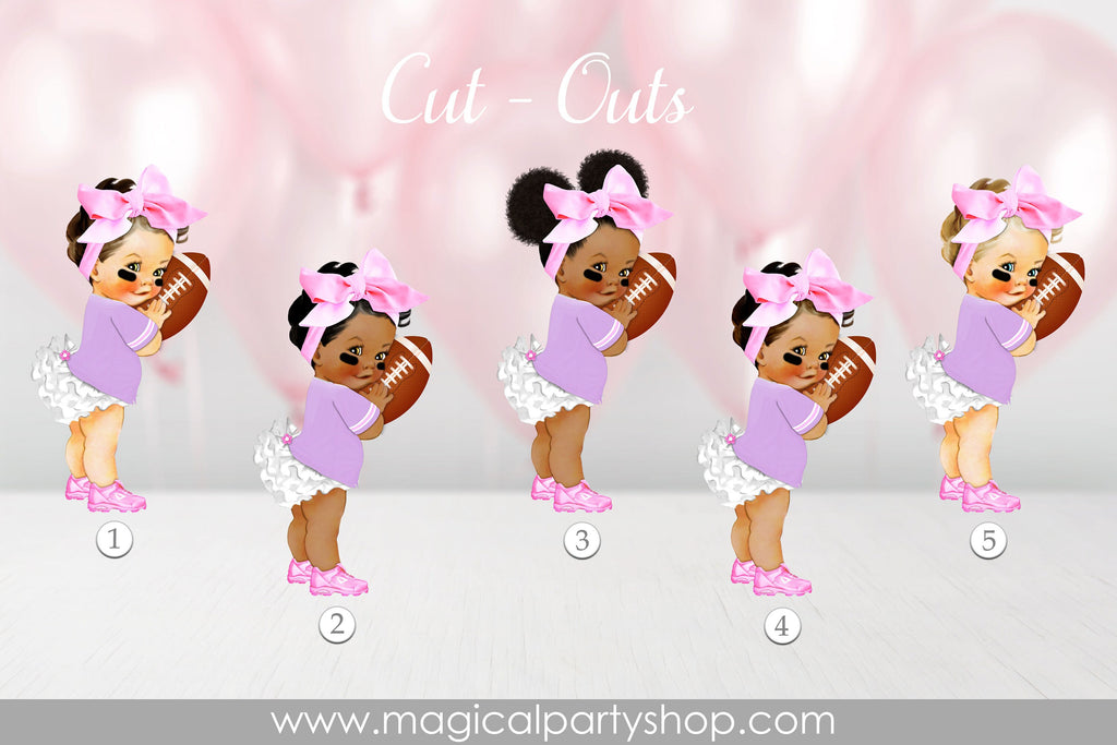 Baby Shower Centerpiece | Football Player Big Bow Pink Lavender & White Ruffle Pants Ball Jersey Cleats | Vintage Baby Girl African American