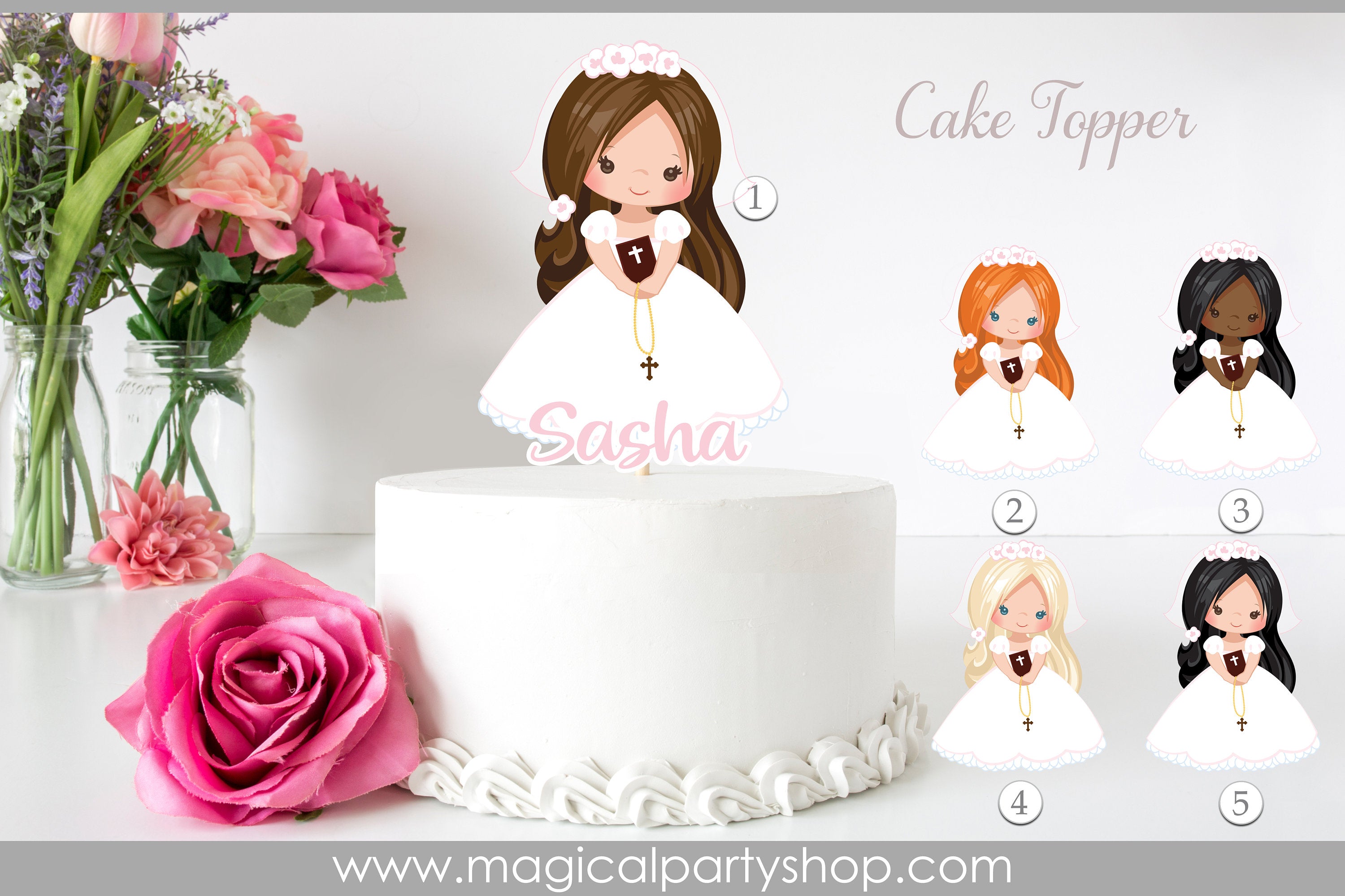 First Communion Girls Cake Topper with Flowers | Communion Centerpieces | Bible | My First Communion Party | White Dress Pink Flower