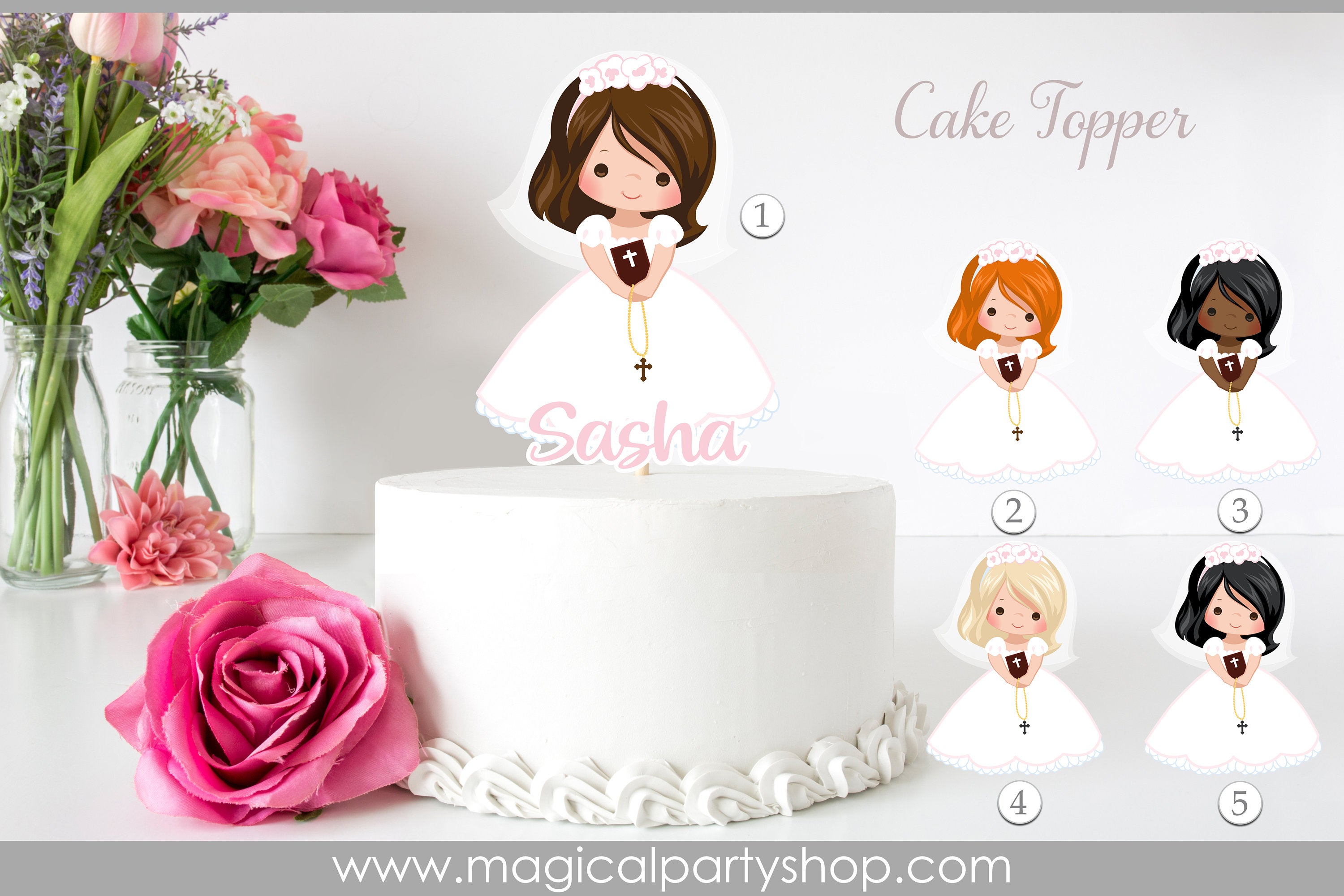 First Communion Girls Cake Topper with Veil | Communion Centerpieces | Bible | My First Communion Party | White Dress Pink Flower